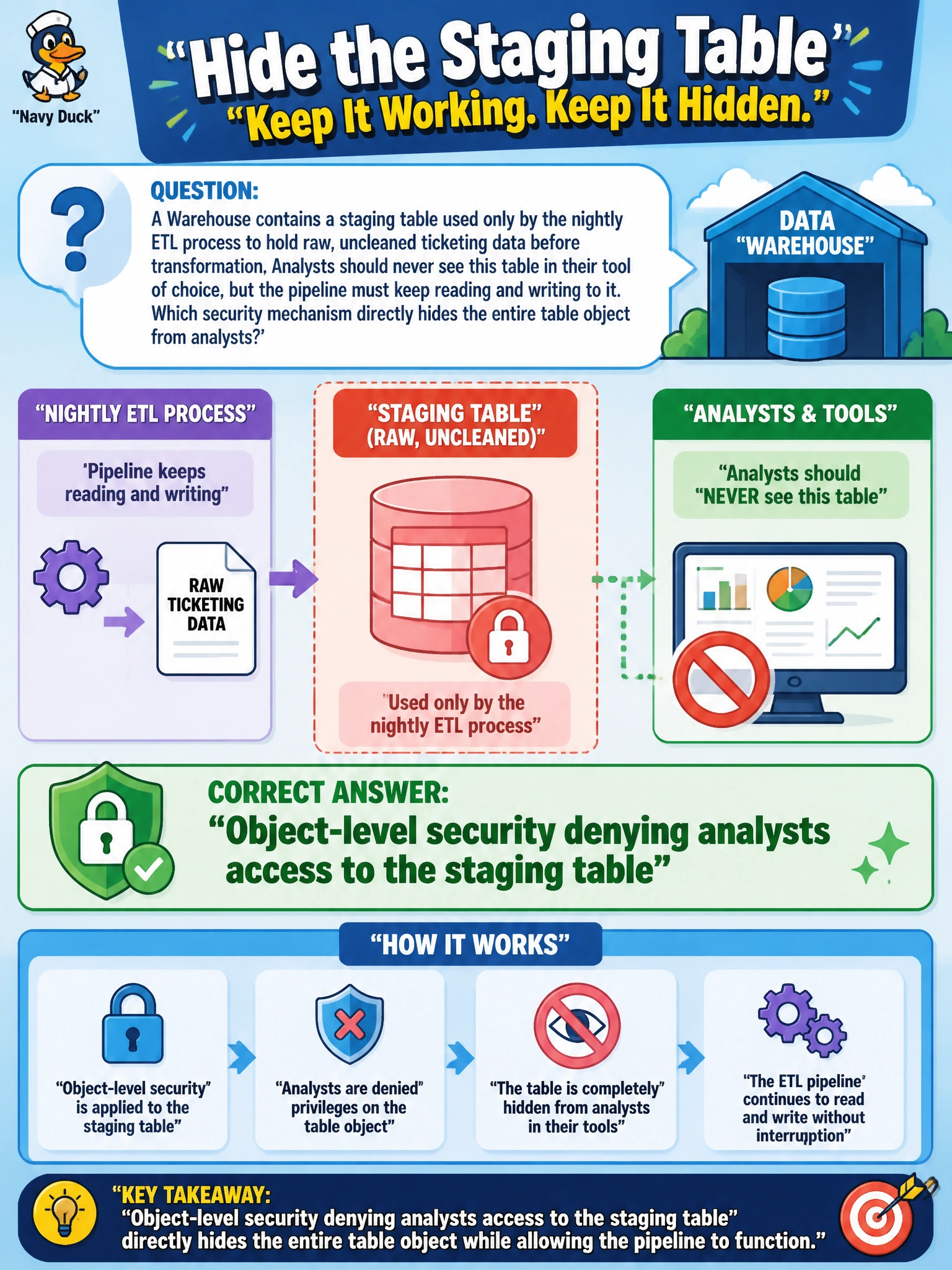 To Create an exciting colorful infographic that explains the concepts in the question: Question: A Warehouse contains a staging table used only by the nightly ETL process to hold raw, uncleaned ticketing data before transformation. Analysts should never see this table in their tool of choice, but the pipeline must keep reading and writing to it. Which security mechanism directly hides the entire table object from analysts? Correct Answer: Object-level security denying analysts access to the staging table Put EVERY visible label in double quotes. No people. No A/B/C/D letters. In one of the four corners put a little "Navy Duck".