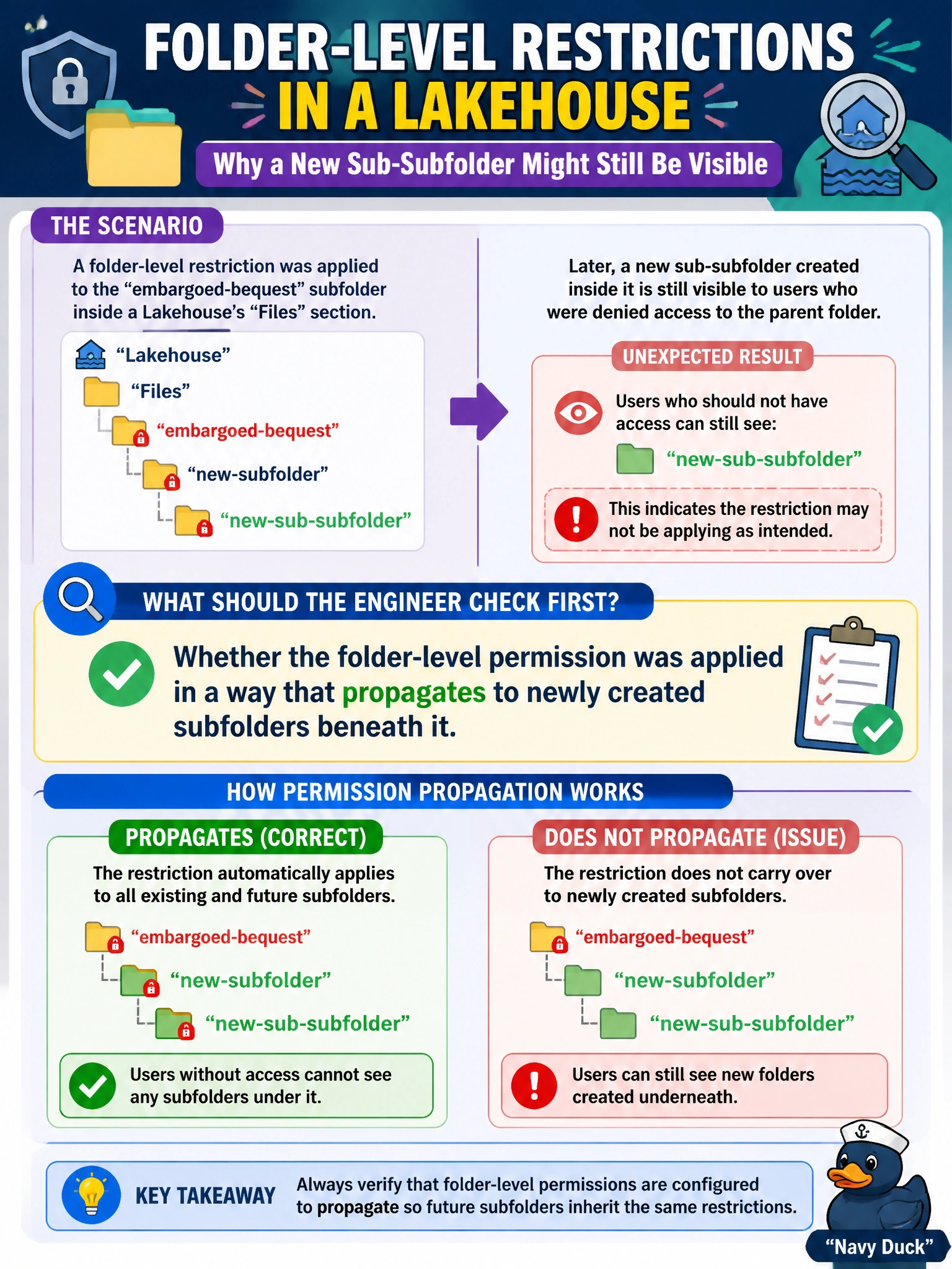 To Create an exciting colorful infographic that explains the concepts in the question: Question: A folder-level restriction was applied to the embargoed-bequest subfolder inside a Lakehouse's Files section. An engineer later notices that a new sub-subfolder created inside it is still visible to users who were denied access to the parent folder. What should the engineer check first? Correct Answer: Whether the folder-level permission was applied in a way that propagates to newly created subfolders beneath it Put EVERY visible label in double quotes. No people. No A/B/C/D letters. In one of the four corners put a little "Navy Duck".