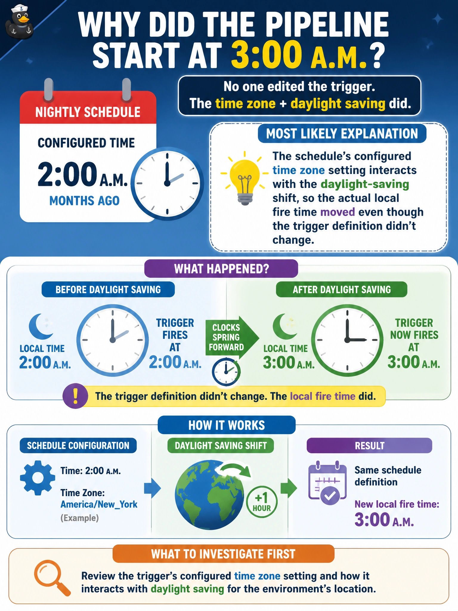 To Create an exciting colorful infographic that explains the concepts in the question: Question: A pipeline's nightly schedule trigger, configured months ago to fire at 2:00 a.m., appears to have started firing at 3:00 a.m. instead ever since the clocks changed for daylight saving. No one edited the trigger. What is the most likely explanation the team should investigate first? Correct Answer: The schedule's configured time zone setting interacts with the daylight-saving shift, so the actual local fire time moved even though the trigger definition didn't change. Put EVERY visible label in double quotes. No people. No A/B/C/D letters. In one of the four corners put a little "Navy Duck".