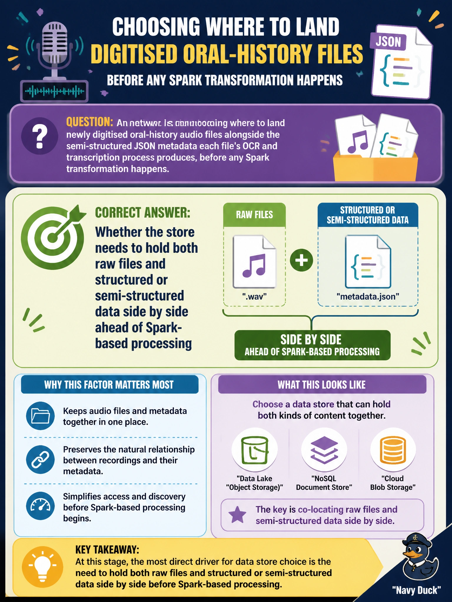 To Create an exciting colorful infographic that explains the concepts in the question: Question: An archives network is choosing where to land newly digitised oral-history audio files alongside the semi-structured JSON metadata each file's OCR and transcription process produces, before any Spark transformation happens. Which factor should most directly drive the data store choice at this stage? Correct Answer: Whether the store needs to hold both raw files and structured or semi-structured data side by side ahead of Spark-based processing Put EVERY visible label in double quotes. No people. No A/B/C/D letters. In one of the four corners put a little "Navy Duck".