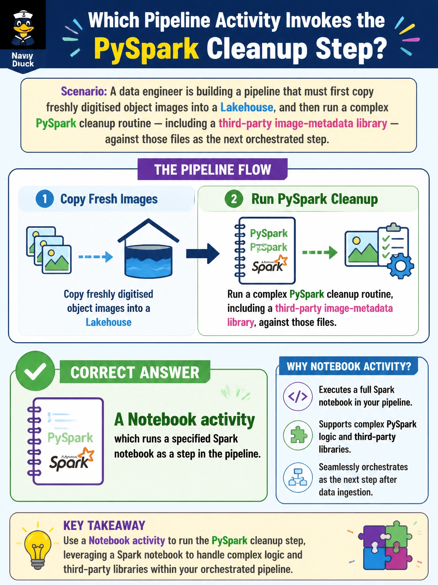 To Create an exciting colorful infographic that explains the concepts in the question: Question: A data engineer is building a pipeline that must first copy freshly digitised object images into a Lakehouse, and then run a complex PySpark cleanup routine — including a third-party image-metadata library — against those files as the next orchestrated step. Which pipeline activity should invoke that PySpark cleanup step? Correct Answer: A Notebook activity, which runs a specified Spark notebook as a step in the pipeline Put EVERY visible label in double quotes. No people. No A/B/C/D letters. In one of the four corners put a little "Navy Duck".