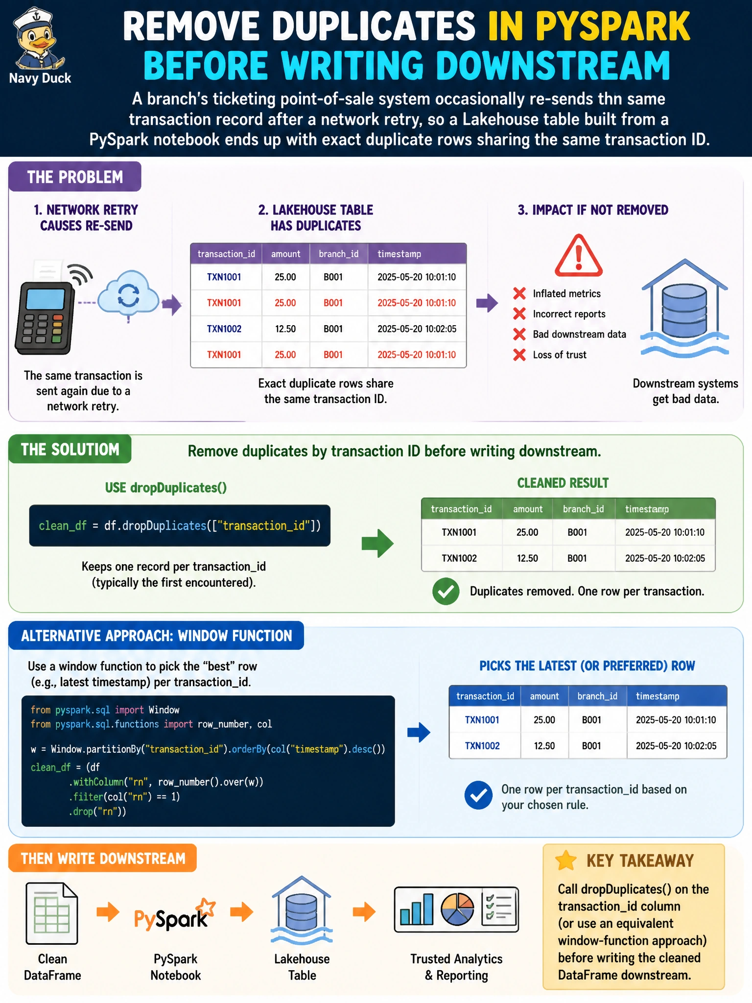 To Create an exciting colorful infographic that explains the concepts in the question: Question: A branch's ticketing point-of-sale system occasionally re-sends the same transaction record after a network retry, so a Lakehouse table built from a PySpark notebook ends up with exact duplicate rows sharing the same transaction ID. Which PySpark approach removes those duplicates before the data is written downstream? Correct Answer: Calling dropDuplicates() on the transaction ID column (or an equivalent window-function approach) before writing the cleaned DataFrame Put EVERY visible label in double quotes. No people. No A/B/C/D letters. In one of the four corners put a little "Navy Duck".