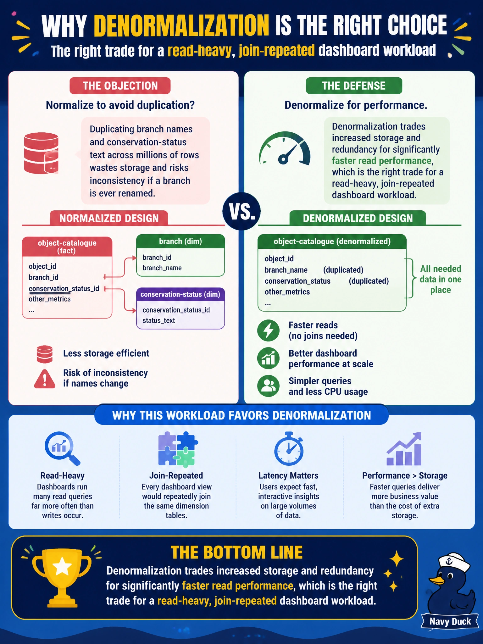To Create an exciting colorful infographic that explains the concepts in the question: Question: A junior data engineer objects to denormalizing the object-catalogue reporting table, arguing that duplicating branch names and conservation-status text across millions of rows wastes storage and risks inconsistency if a branch is ever renamed. A senior engineer defends the design anyway. What is the strongest justification for choosing denormalization here despite that trade-off? Correct Answer: Denormalization trades increased storage and redundancy for significantly faster read performance, which is the right trade for a read-heavy, join-repeated dashboard workload Put EVERY visible label in double quotes. No people. No A/B/C/D letters. In one of the four corners put a little "Navy Duck".