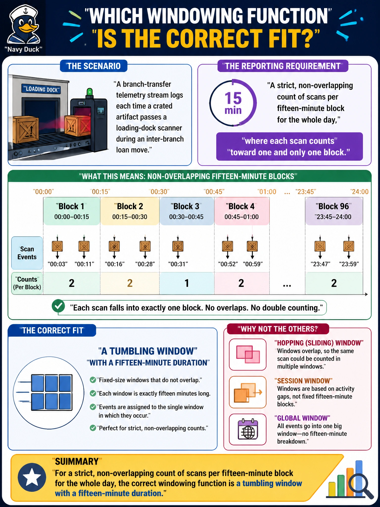 To Create an exciting colorful infographic that explains the concepts in the question: Question: A branch-transfer telemetry stream logs each time a crated artifact passes a loading-dock scanner during an inter-branch loan move. The reporting requirement is a strict, non-overlapping count of scans per fifteen-minute block for the whole day, where each scan counts toward one and only one block. Which windowing function is the correct fit? Correct Answer: A tumbling window with a fifteen-minute duration Put EVERY visible label in double quotes. No people. No A/B/C/D letters. In one of the four corners put a little "Navy Duck".