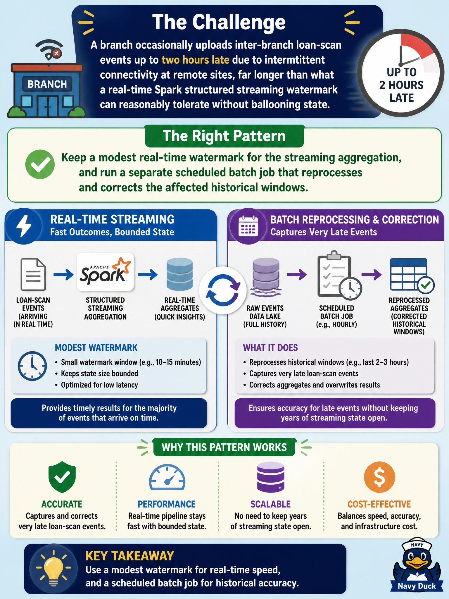 To Create an exciting colorful infographic that explains the concepts in the question: Question: A branch occasionally uploads inter-branch loan-scan events up to two hours late due to intermittent connectivity at remote sites, far longer than what a real-time Spark structured streaming watermark can reasonably tolerate without ballooning state. Which pattern should the team adopt to still capture these very late scans without keeping years of streaming state open? Correct Answer: Keep a modest real-time watermark for the streaming aggregation, and run a separate scheduled batch job that reprocesses and corrects the affected historical windows Put EVERY visible label in double quotes. No people. No A/B/C/D letters. In one of the four corners put a little "Navy Duck".