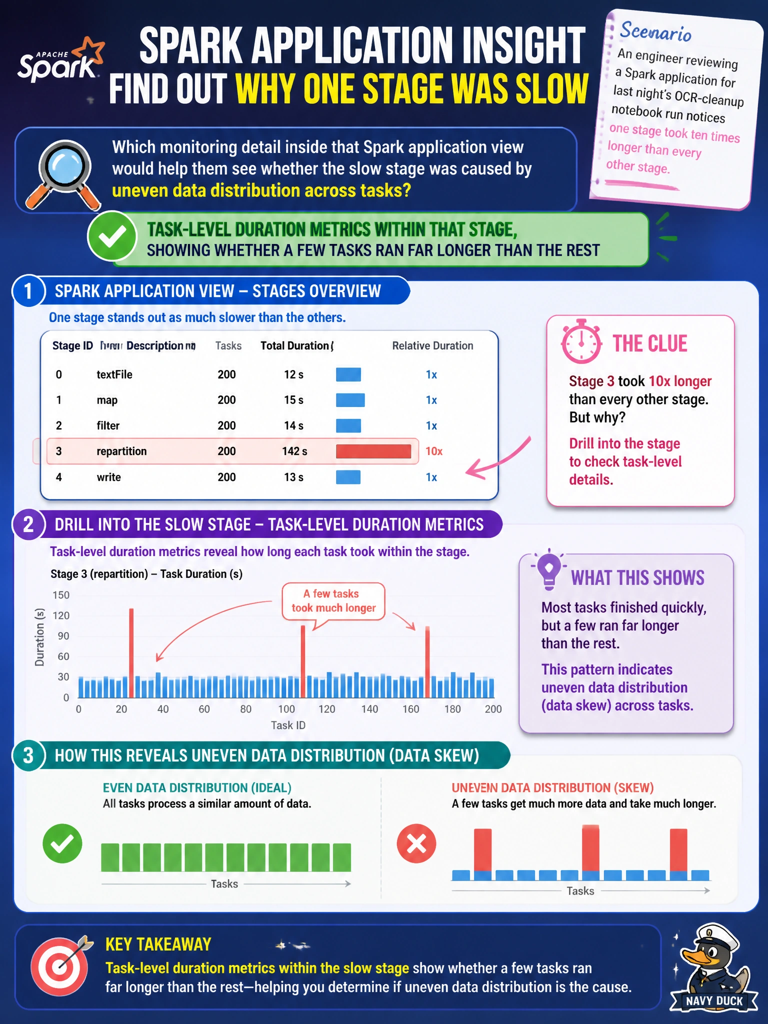 To Create an exciting colorful infographic that explains the concepts in the question: Question: An engineer reviewing a Spark application for last night's OCR-cleanup notebook run notices one stage took ten times longer than every other stage. Which monitoring detail inside that Spark application view would help them see whether the slow stage was caused by uneven data distribution across tasks? Correct Answer: Task-level duration metrics within that stage, showing whether a few tasks ran far longer than the rest Put EVERY visible label in double quotes. No people. No A/B/C/D letters. In one of the four corners put a little "Navy Duck".