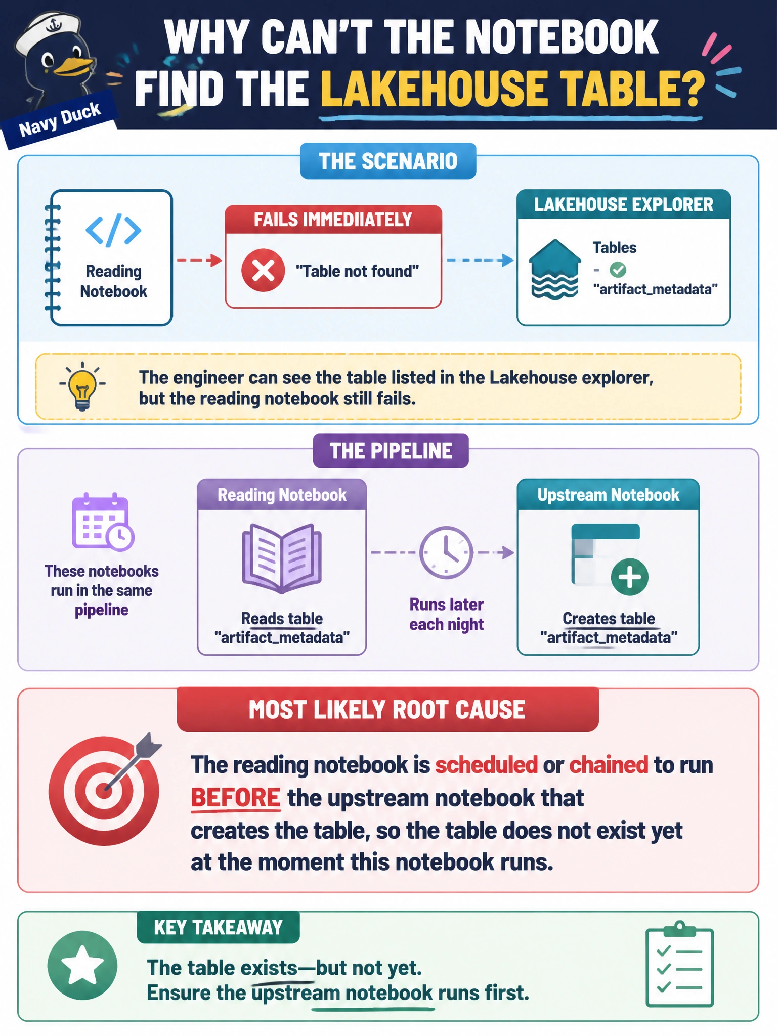 To Create an exciting colorful infographic that explains the concepts in the question: Question: A notebook's very first cell reads from a Lakehouse table that holds newly digitized artifact metadata, and it fails immediately, reporting that the table cannot be found, even though the engineer can see the table listed in the Lakehouse explorer. The notebook that is supposed to create this table each night runs later in the same pipeline, after this one. What is the most likely root cause? Correct Answer: The reading notebook is scheduled or chained to run before the upstream notebook that creates the table, so the table does not exist yet at the moment this notebook runs Put EVERY visible label in double quotes. No people. No A/B/C/D letters. In one of the four corners put a little "Navy Duck".