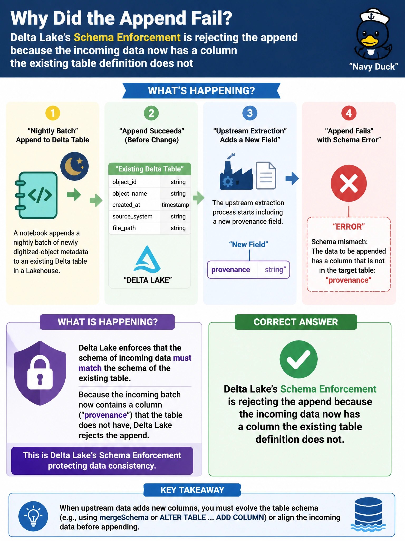 To Create an exciting colorful infographic that explains the concepts in the question: Question: A notebook appends a nightly batch of newly digitized-object metadata to an existing Delta table in a Lakehouse. After the upstream extraction process starts including a new provenance field, the append fails with an error indicating the incoming data's schema does not match the target table. What is happening? Correct Answer: Delta Lake's schema enforcement is rejecting the append because the incoming data now has a column the existing table definition does not Put EVERY visible label in double quotes. No people. No A/B/C/D letters. In one of the four corners put a little "Navy Duck".