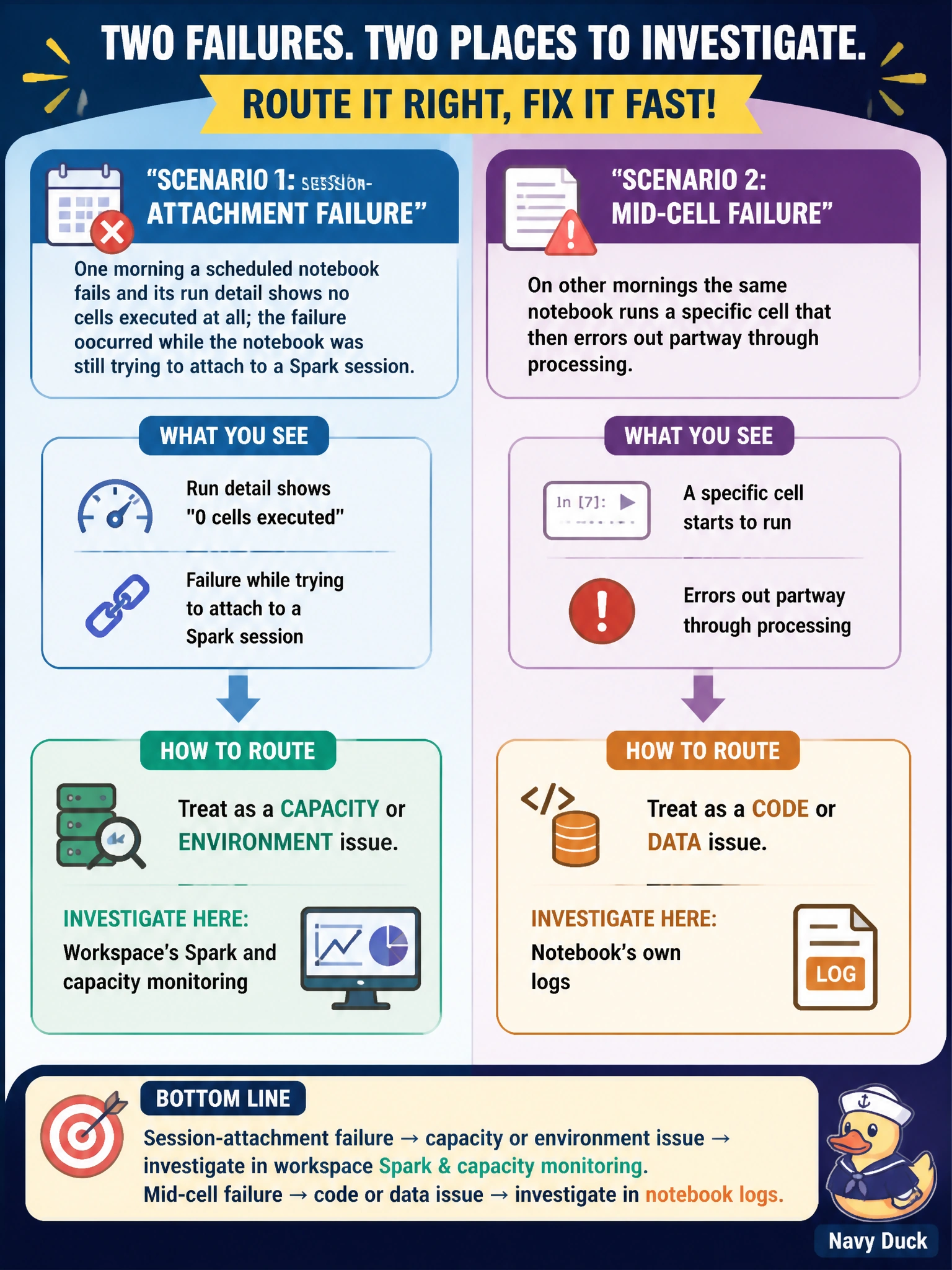 To Create an exciting colorful infographic that explains the concepts in the question: Question: One morning a scheduled notebook fails and its run detail shows no cells executed at all; the failure occurred while the notebook was still trying to attach to a Spark session. On other mornings the same notebook runs a specific cell that then errors out partway through processing. How should an engineer route these two different failures? Correct Answer: Treat the session-attachment failure as a capacity or environment issue to investigate through the workspace's Spark and capacity monitoring, and treat the mid-cell failure as a code or data issue to investigate inside the notebook's own logs Put EVERY visible label in double quotes. No people. No A/B/C/D letters. In one of the four corners put a little "Navy Duck".