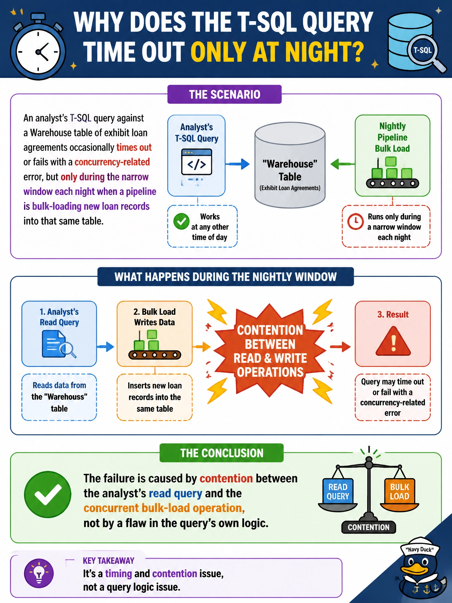 To Create an exciting colorful infographic that explains the concepts in the question: Question: An analyst's T-SQL query against a Warehouse table of exhibit loan agreements occasionally times out or fails with a concurrency-related error, but only during the narrow window each night when a pipeline is bulk-loading new loan records into that same table. Running the identical query at any other time of day works without issue. What should the engineer conclude? Correct Answer: The failure is caused by contention between the analyst's read query and the concurrent bulk-load operation, not by a flaw in the query's own logic Put EVERY visible label in double quotes. No people. No A/B/C/D letters. In one of the four corners put a little "Navy Duck".