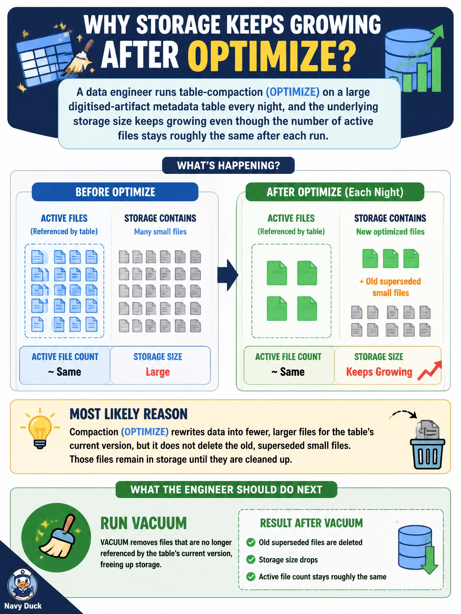 To Create an exciting colorful infographic that explains the concepts in the question: Question: A data engineer runs table-compaction (OPTIMIZE) on a large digitised-artifact metadata table every night, and the underlying storage size keeps growing even though the number of active files stays roughly the same after each run. What is the most likely reason, and what should the engineer do next? Correct Answer: Compaction leaves the old, now-superseded small files in storage until they are cleaned up, so the engineer should run VACUUM to remove files no longer referenced by the table's current version Put EVERY visible label in double quotes. No people. No A/B/C/D letters. In one of the four corners put a little "Navy Duck".