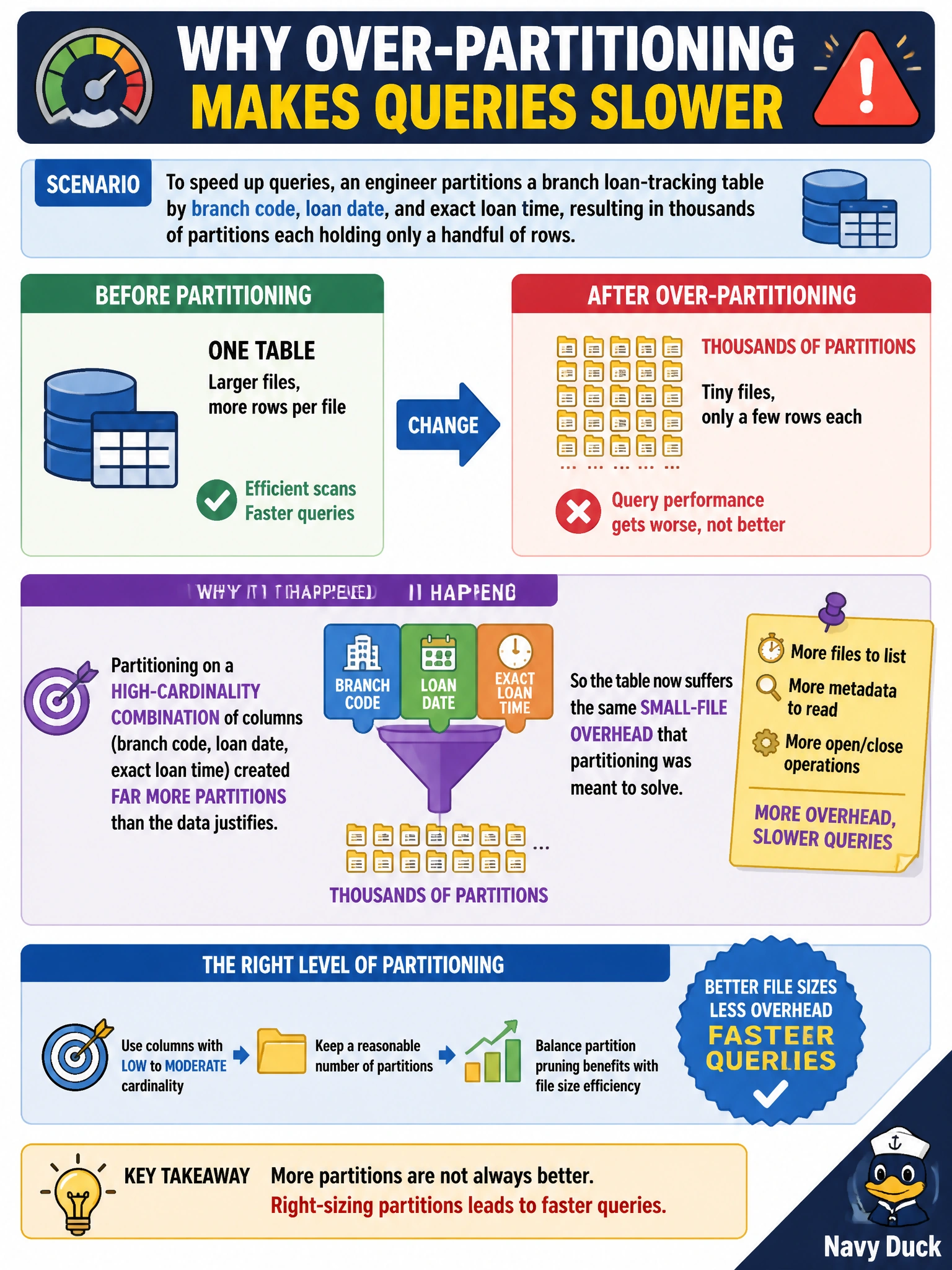 To Create an exciting colorful infographic that explains the concepts in the question: Question: To speed up queries, an engineer partitions a branch loan-tracking table by branch code, loan date, and exact loan time, resulting in thousands of partitions each holding only a handful of rows. Query performance gets worse, not better, after this change. What is the most likely explanation? Correct Answer: Partitioning on a high-cardinality combination of columns created far more partitions than the data justifies, so the table now suffers the same small-file overhead that partitioning was meant to solve Put EVERY visible label in double quotes. No people. No A/B/C/D letters. In one of the four corners put a little "Navy Duck".