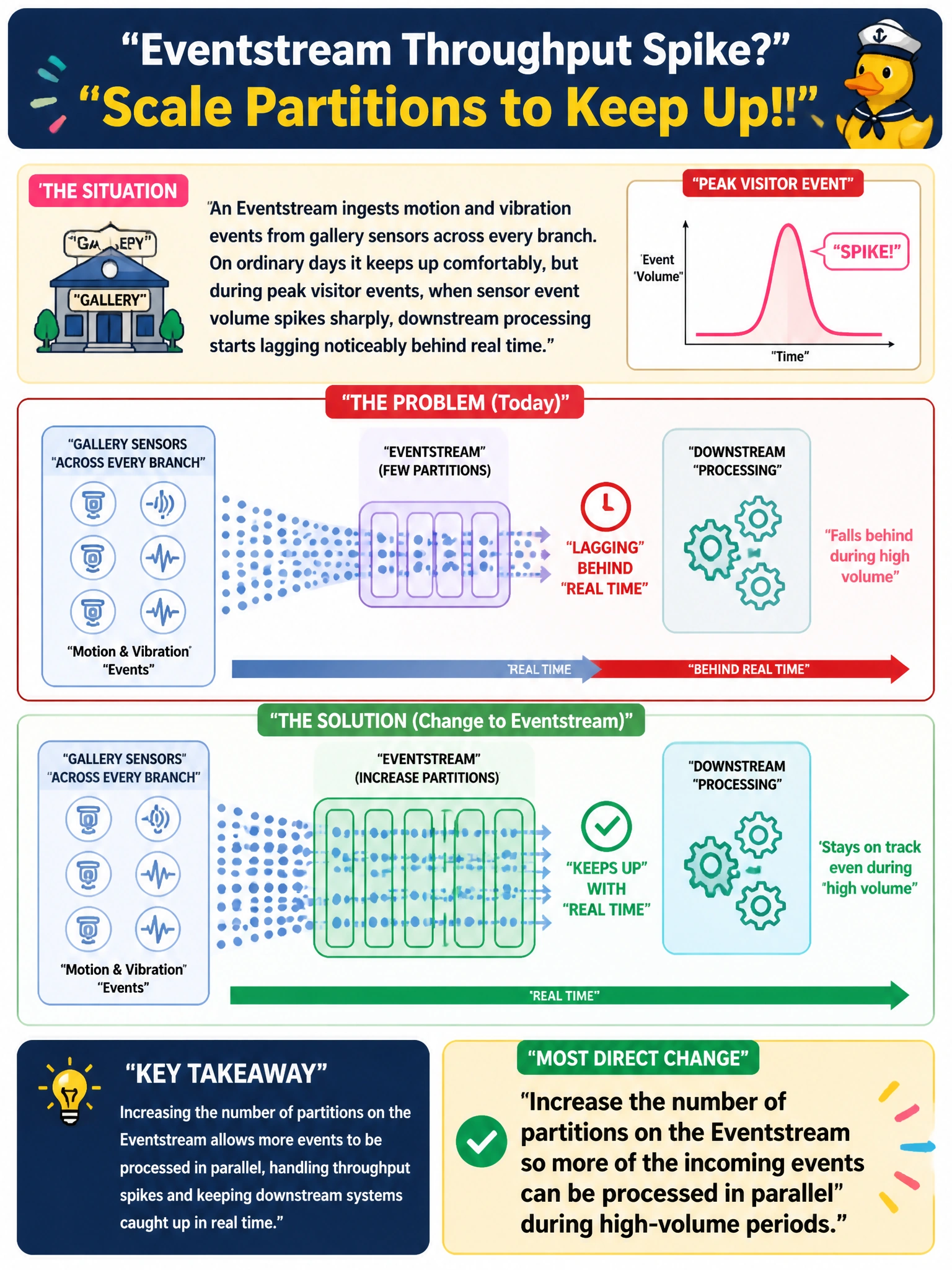 To Create an exciting colorful infographic that explains the concepts in the question: Question: An Eventstream ingests motion and vibration events from gallery sensors across every branch. On ordinary days it keeps up comfortably, but during peak visitor events, when sensor event volume spikes sharply, downstream processing starts lagging noticeably behind real time. What change to the Eventstream is most directly aimed at handling this kind of throughput spike? Correct Answer: Increase the number of partitions on the Eventstream so more of the incoming events can be processed in parallel during high-volume periods Put EVERY visible label in double quotes. No people. No A/B/C/D letters. In one of the four corners put a little "Navy Duck".