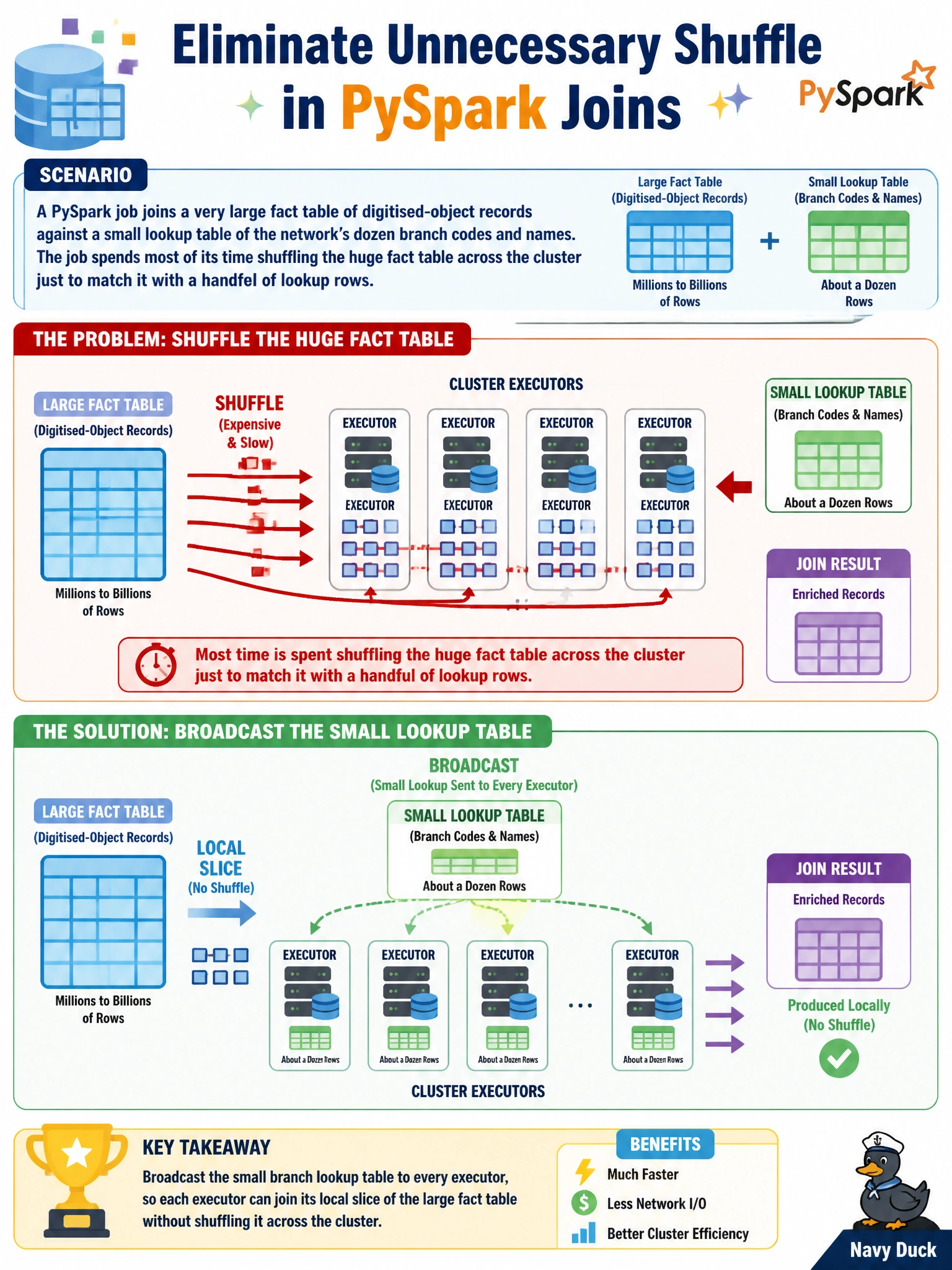 To Create an exciting colorful infographic that explains the concepts in the question: Question: A PySpark job joins a very large fact table of digitised-object records against a small lookup table of the network's dozen branch codes and names. The job spends most of its time shuffling the huge fact table across the cluster just to match it with a handful of lookup rows. Which technique is most directly aimed at eliminating that unnecessary shuffle? Correct Answer: Broadcast the small branch lookup table to every executor, so each executor can join its local slice of the large fact table without shuffling it across the cluster Put EVERY visible label in double quotes. No people. No A/B/C/D letters. In one of the four corners put a little "Navy Duck".