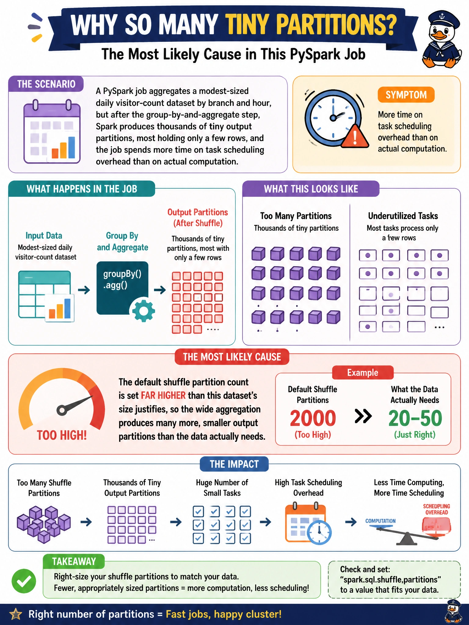 To Create an exciting colorful infographic that explains the concepts in the question: Question: A PySpark job aggregates a modest-sized daily visitor-count dataset by branch and hour, but after the group-by-and-aggregate step, Spark produces thousands of tiny output partitions, most holding only a few rows, and the job spends more time on task scheduling overhead than on actual computation. What is the most likely cause? Correct Answer: The default shuffle partition count is set far higher than this dataset's size justifies, so the wide aggregation produces many more, smaller output partitions than the data actually needs Put EVERY visible label in double quotes. No people. No A/B/C/D letters. In one of the four corners put a little "Navy Duck".