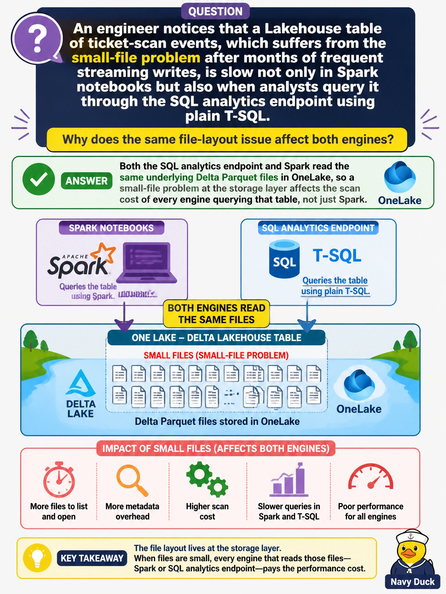 To Create an exciting colorful infographic that explains the concepts in the question: Question: An engineer notices that a Lakehouse table of ticket-scan events, which suffers from the small-file problem after months of frequent streaming writes, is slow not only in Spark notebooks but also when analysts query it through the SQL analytics endpoint using plain T-SQL. Why does the same file-layout issue affect both engines? Correct Answer: Both the SQL analytics endpoint and Spark read the same underlying Delta Parquet files in OneLake, so a small-file problem at the storage layer affects the scan cost of every engine querying that table, not just Spark Put EVERY visible label in double quotes. No people. No A/B/C/D letters. In one of the four corners put a little "Navy Duck".