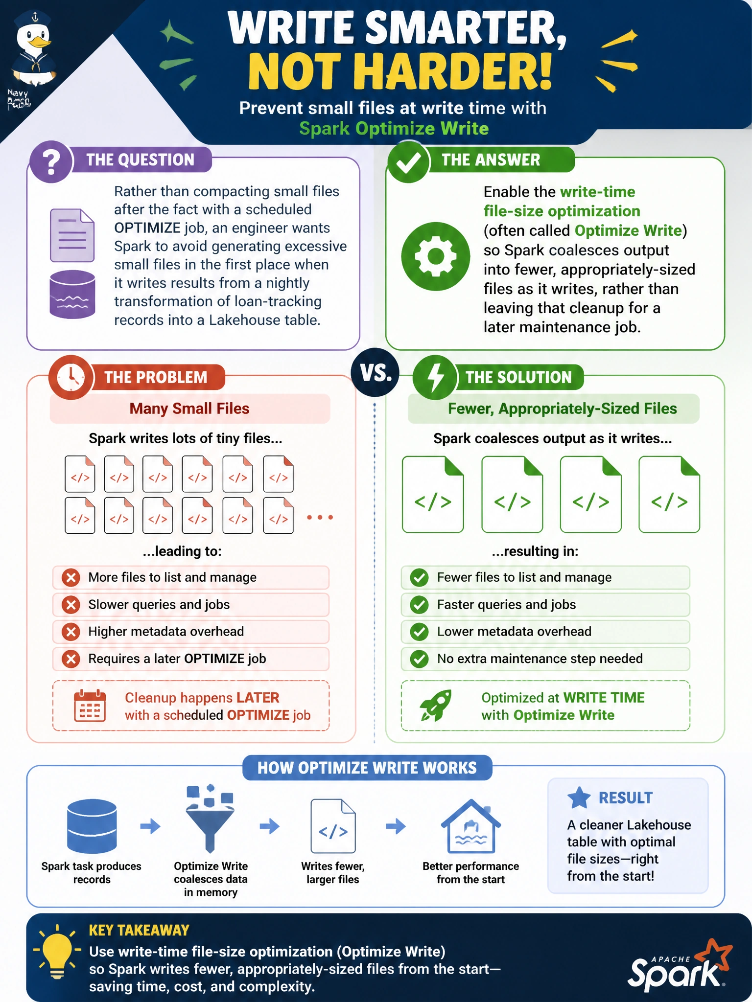To Create an exciting colorful infographic that explains the concepts in the question: Question: Rather than compacting small files after the fact with a scheduled OPTIMIZE job, an engineer wants Spark to avoid generating excessive small files in the first place when it writes results from a nightly transformation of loan-tracking records into a Lakehouse table. Which approach addresses the problem at write time rather than after the fact? Correct Answer: Enable the write-time file-size optimization (often called Optimize Write) so Spark coalesces output into fewer, appropriately-sized files as it writes, rather than leaving that cleanup for a later maintenance job Put EVERY visible label in double quotes. No people. No A/B/C/D letters. In one of the four corners put a little "Navy Duck".