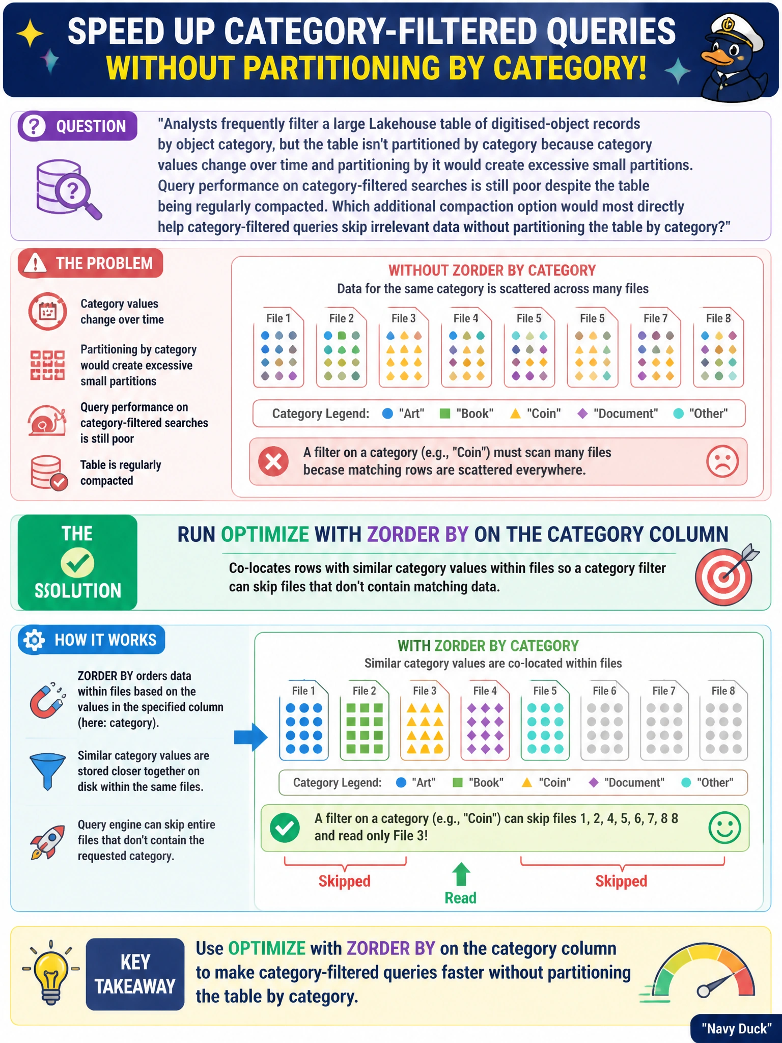 To Create an exciting colorful infographic that explains the concepts in the question: Question: Analysts frequently filter a large Lakehouse table of digitised-object records by object category, but the table isn't partitioned by category because category values change over time and partitioning by it would create excessive small partitions. Query performance on category-filtered searches is still poor despite the table being regularly compacted. Which additional compaction option would most directly help category-filtered queries skip irrelevant data without partitioning the table by category? Correct Answer: Run OPTIMIZE with ZORDER BY on the category column, which co-locates rows with similar category values within files so a category filter can skip files that don't contain matching data Put EVERY visible label in double quotes. No people. No A/B/C/D letters. In one of the four corners put a little "Navy Duck".