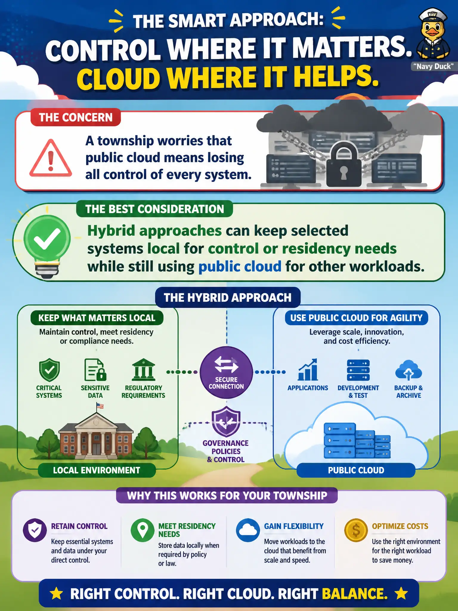 To Create an exciting colorful infographic that explains the concepts in the question: Question: A township worries that public cloud means losing all control of every system. Which consideration best addresses that concern? Correct Answer: Hybrid approaches can keep selected systems local for control or residency needs while still using public cloud for other workloads. Put EVERY visible label in double quotes. No people. No A/B/C/D letters. In one of the four corners put a little "Navy Duck".