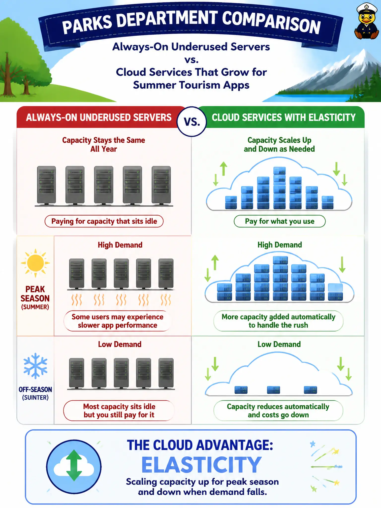To Create an exciting colorful infographic that explains the concepts in the question: Question: A parks department compares always-on underused servers with cloud services that grow for summer tourism apps. Which cloud advantage is primarily illustrated? Correct Answer: Elasticity—scaling capacity up for peak season and down when demand falls. Put EVERY visible label in double quotes. No people. No A/B/C/D letters. In one of the four corners put a little "Navy Duck".