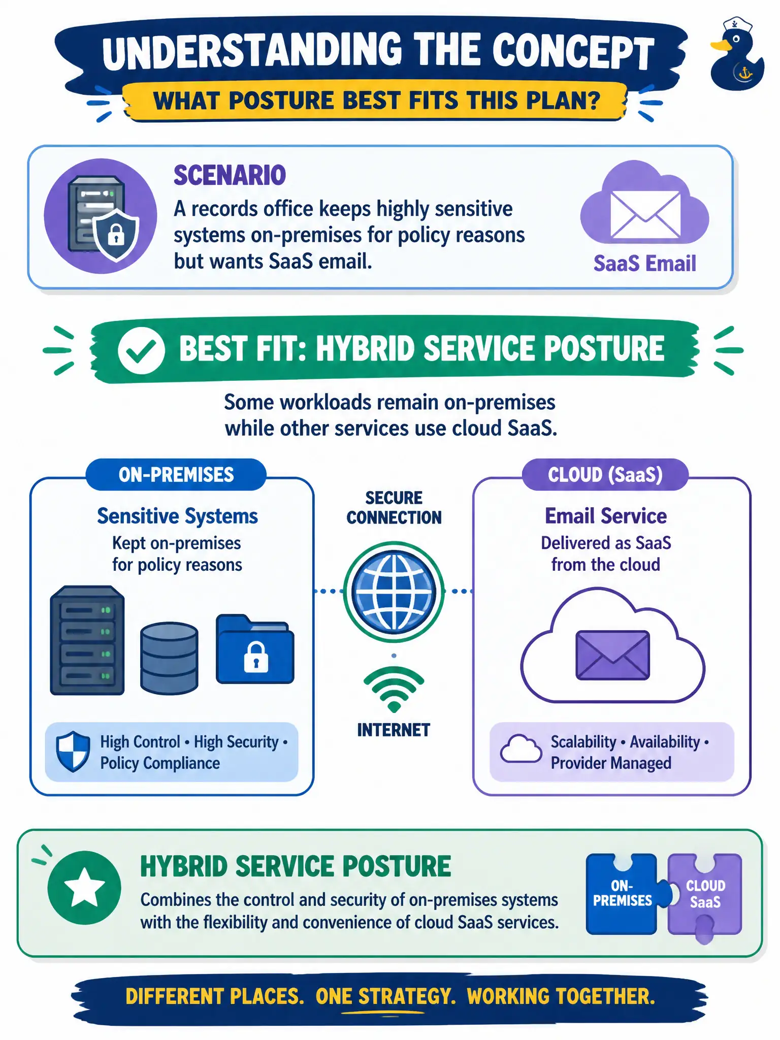 To Create an exciting colorful infographic that explains the concepts in the question: Question: A records office keeps highly sensitive systems on-premises for policy reasons but wants SaaS email. Which posture best describes that plan? Correct Answer: A hybrid service posture: some workloads remain on-premises while other services use cloud SaaS. Put EVERY visible label in double quotes. No people. No A/B/C/D letters. In one of the four corners put a little "Navy Duck".
