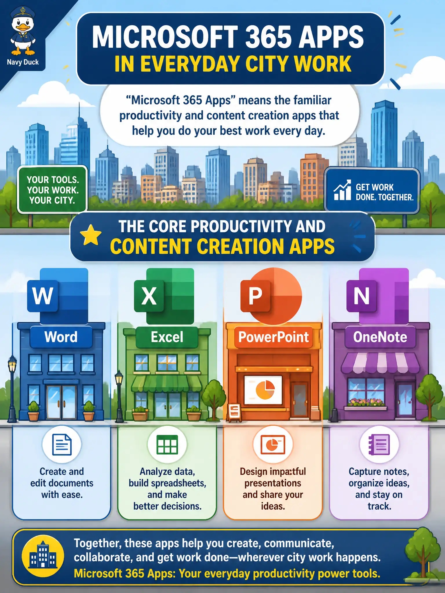 To Create an exciting colorful infographic that explains the concepts in the question: Question: A new hire asks what “Microsoft 365 Apps” means in everyday city work. Which answer best names the core productivity set? Correct Answer: The core productivity and content creation apps such as Word, Excel, PowerPoint, and OneNote Put EVERY visible label in double quotes. No people. No A/B/C/D letters. In one of the four corners put a little "Navy Duck".