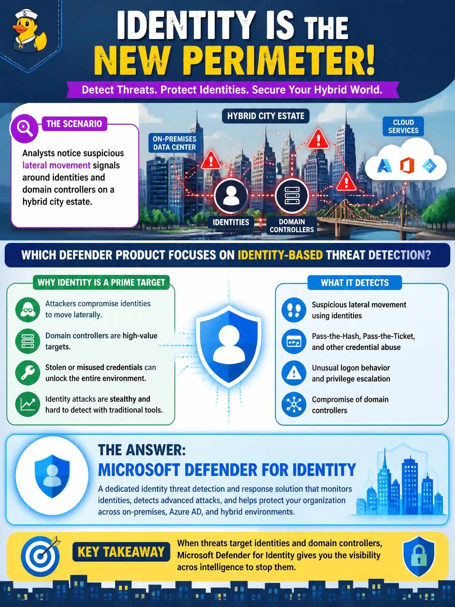 To Create an exciting colorful infographic that explains the concepts in the question: Question: Analysts notice suspicious lateral movement signals around identities and domain controllers on a hybrid city estate. Which Defender product focuses on identity-based threat detection? Correct Answer: Microsoft Defender for Identity Put EVERY visible label in double quotes. No people. No A/B/C/D letters. In one of the four corners put a little "Navy Duck".