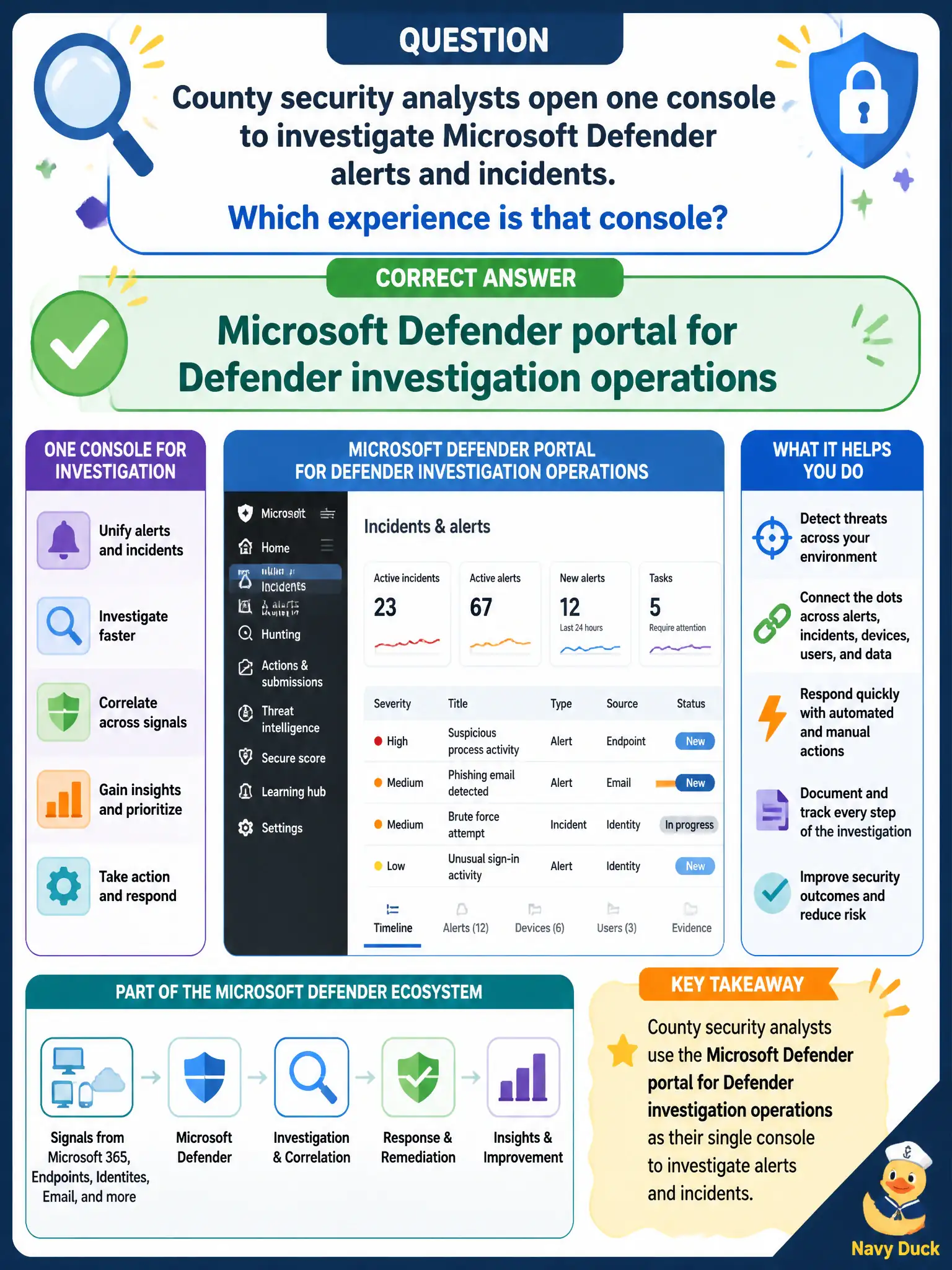 To Create an exciting colorful infographic that explains the concepts in the question: Question: County security analysts open one console to investigate Microsoft Defender alerts and incidents. Which experience is that console? Correct Answer: Microsoft Defender portal for Defender investigation operations Put EVERY visible label in double quotes. No people. No A/B/C/D letters. In one of the four corners put a little "Navy Duck".