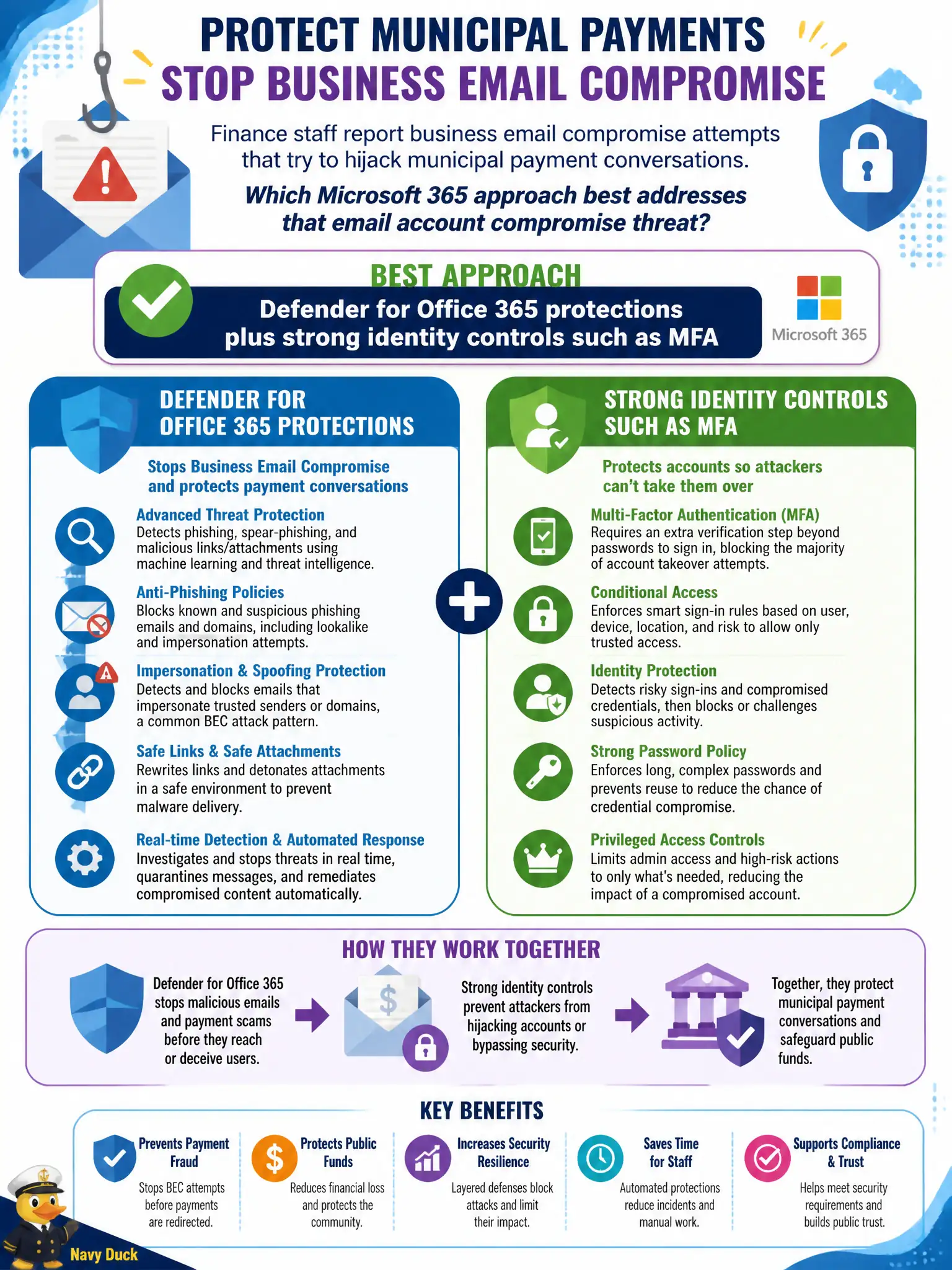 To Create an exciting colorful infographic that explains the concepts in the question: Question: Finance staff report business email compromise attempts that try to hijack municipal payment conversations. Which Microsoft 365 approach best addresses that email account compromise threat at describe depth? Correct Answer: Defender for Office 365 protections plus strong identity controls such as MFA Put EVERY visible label in double quotes. No people. No A/B/C/D letters. In one of the four corners put a little "Navy Duck".