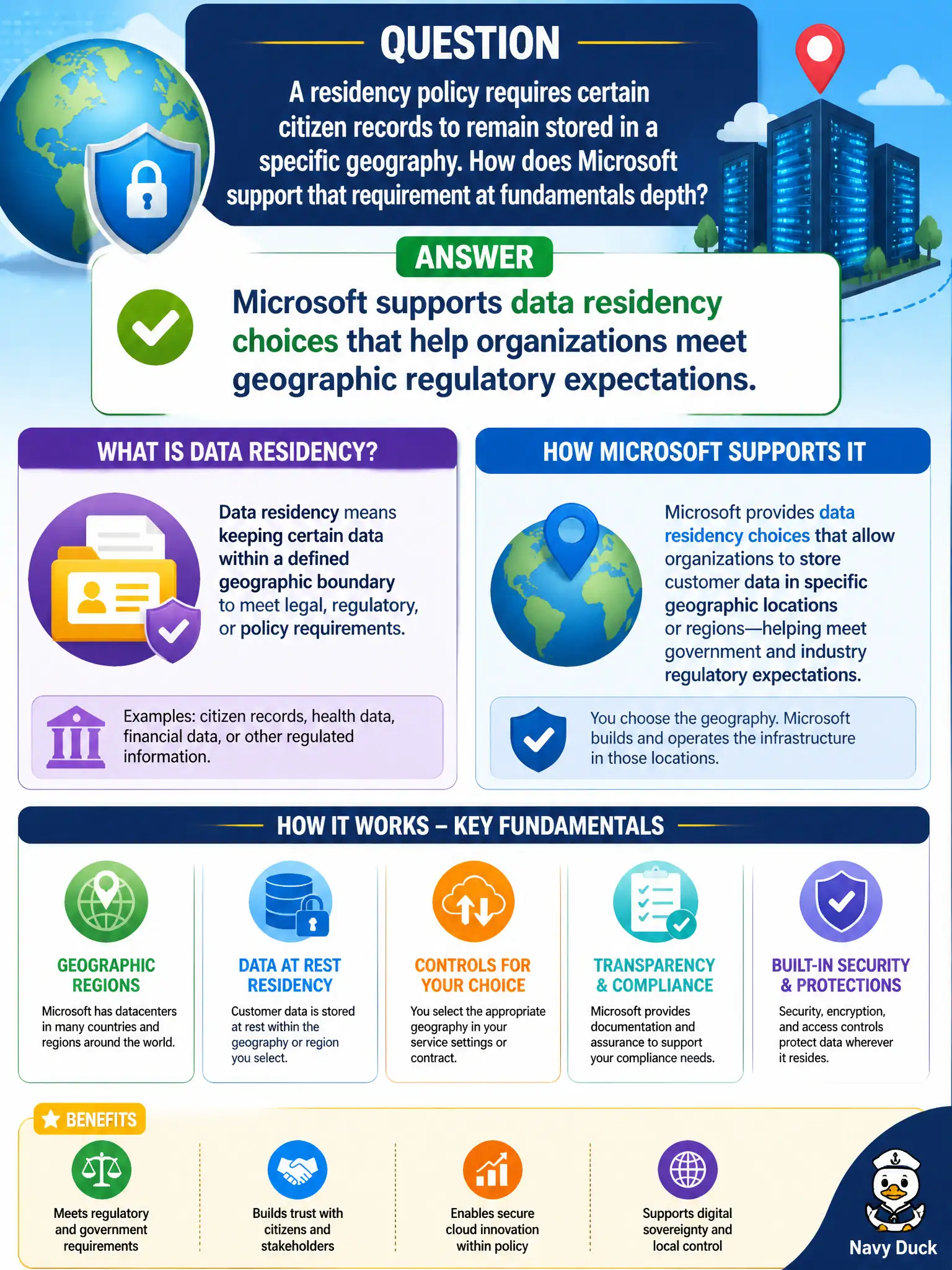 To Create an exciting colorful infographic that explains the concepts in the question: Question: A residency policy requires certain citizen records to remain stored in a specific geography. How does Microsoft support that requirement at fundamentals depth? Correct Answer: Microsoft supports data residency choices that help organizations meet geographic regulatory expectations Put EVERY visible label in double quotes. No people. No A/B/C/D letters. In one of the four corners put a little "Navy Duck".