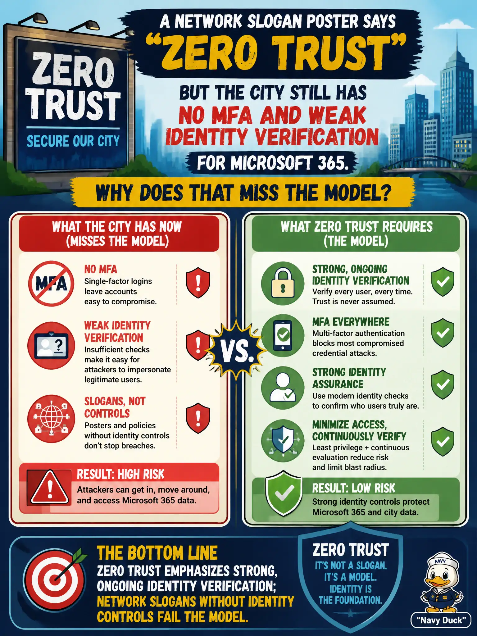To Create an exciting colorful infographic that explains the concepts in the question: Question: A network slogan poster says Zero Trust, but the city still has no MFA and weak identity verification for Microsoft 365. Why does that miss the model? Correct Answer: Zero Trust emphasizes strong, ongoing identity verification; network slogans without identity controls fail the model Put EVERY visible label in double quotes. No people. No A/B/C/D letters. In one of the four corners put a little "Navy Duck".