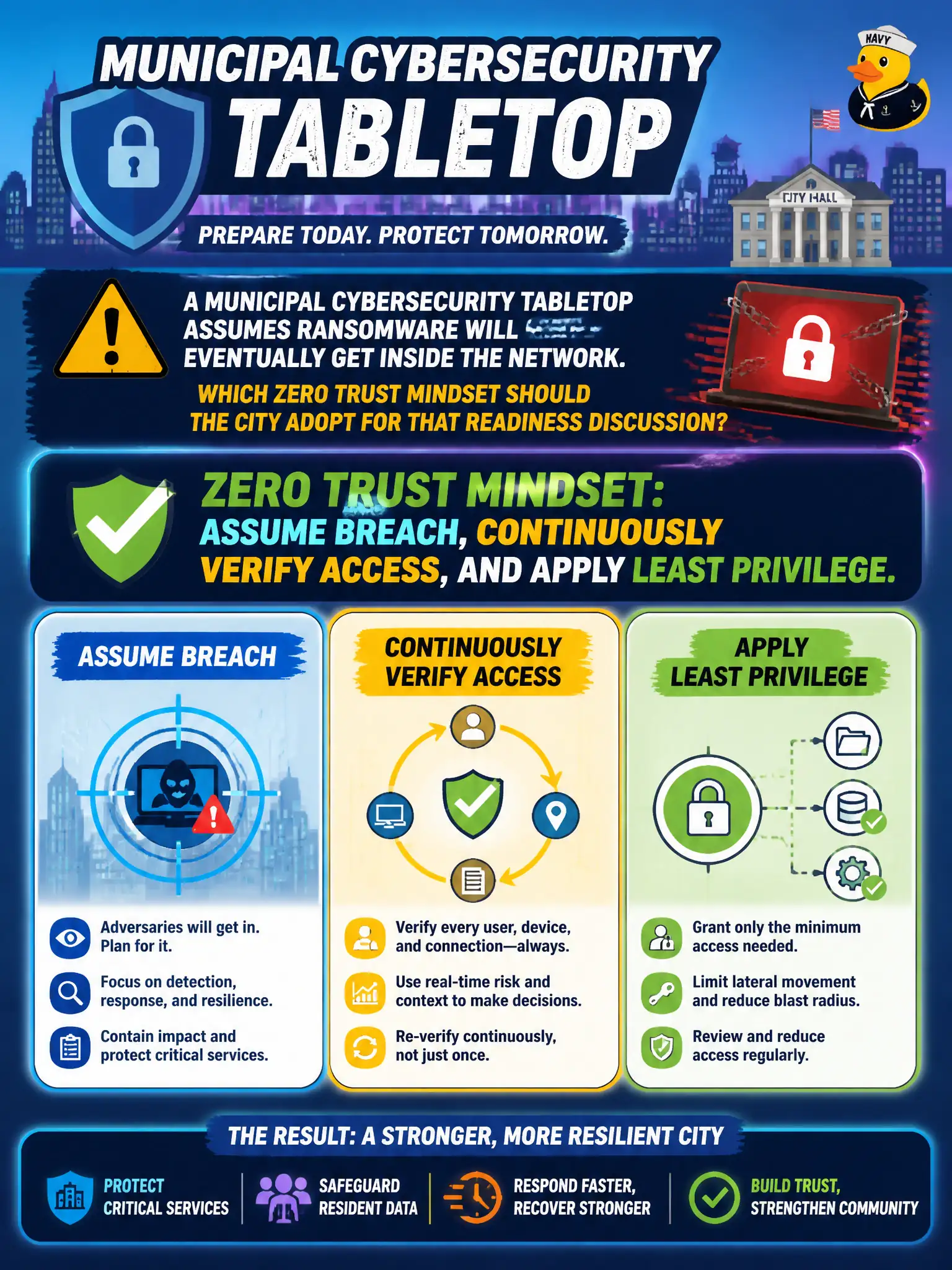 To Create an exciting colorful infographic that explains the concepts in the question: Question: A municipal cybersecurity tabletop assumes ransomware will eventually get inside the network. Which Zero Trust mindset should the city adopt for that readiness discussion? Correct Answer: Assume breach, continuously verify access, and apply least privilege. Put EVERY visible label in double quotes. No people. No A/B/C/D letters. In one of the four corners put a little "Navy Duck".