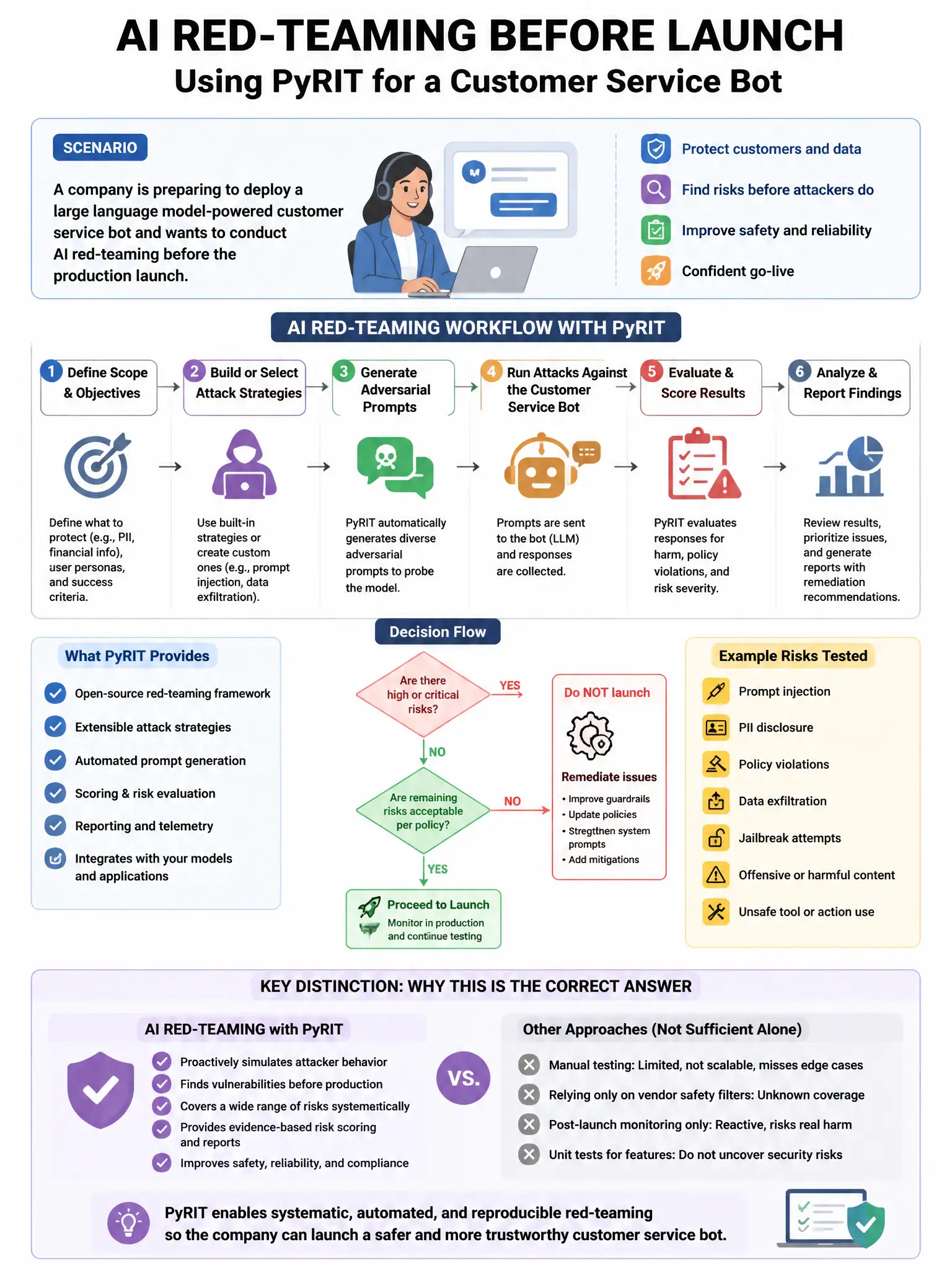 Portrait educational infographic teaching: A company is preparing to deploy a large language model-powered customer service bot and wants to conduct AI red-teaming before production launch. The security team is using PyRIT . Show labeled components, decision flow, and the key distinction that makes the correct answer correct. Clean modern diagram style.