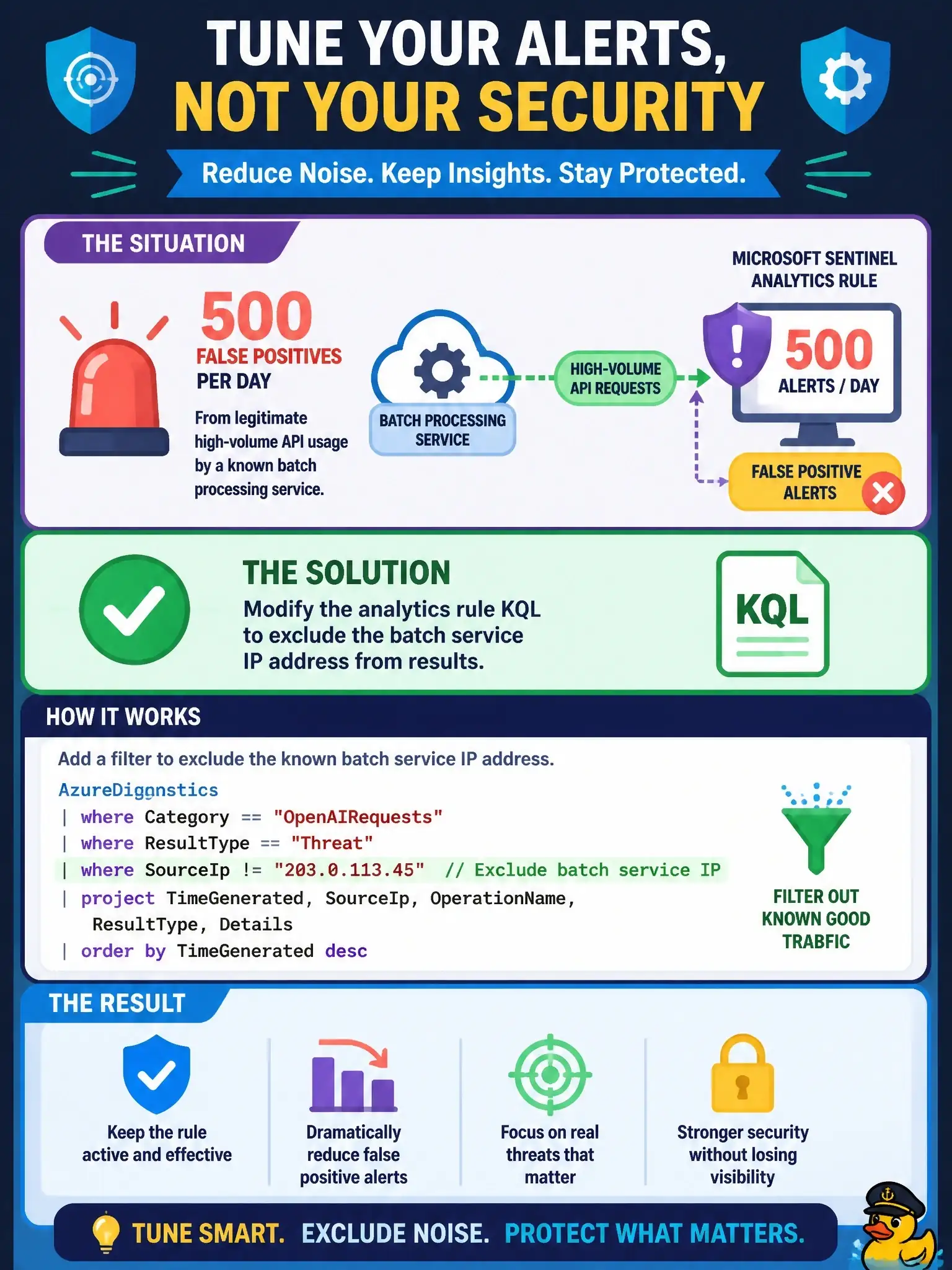 To Create an exciting colorful infographic that explains the concepts in the question: Question: A Microsoft Sentinel analytics rule for Azure OpenAI threats generates 500 false positive alerts per day for legitimate high-volume API usage from a known batch processing service. The security team wants to suppress these alerts without disabling the rule. Which Sentinel feature should be used? Correct Answer: Modify the analytics rule KQL to exclude the batch service IP address from results Put EVERY visible label in double quotes. No people. No A/B/C/D letters. In one of the four corners put a little "Navy Duck".