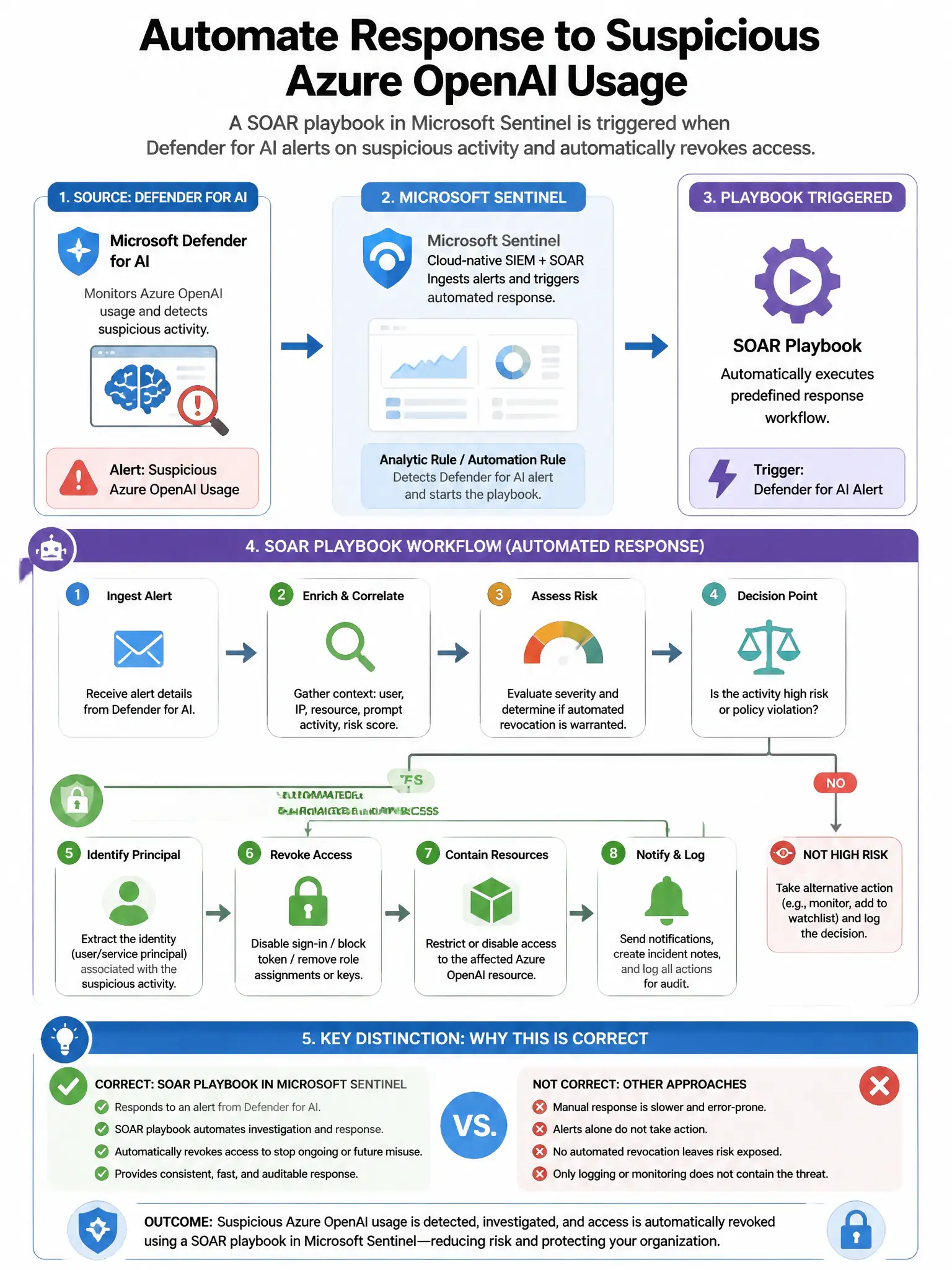 Portrait educational infographic teaching: An organization deploys a SOAR playbook in Microsoft Sentinel triggered when a Defender for AI alert fires for suspicious Azure OpenAI usage. The playbook must automatically revoke. Show labeled components, decision flow, and the key distinction that makes the correct answer correct. Clean modern diagram style.