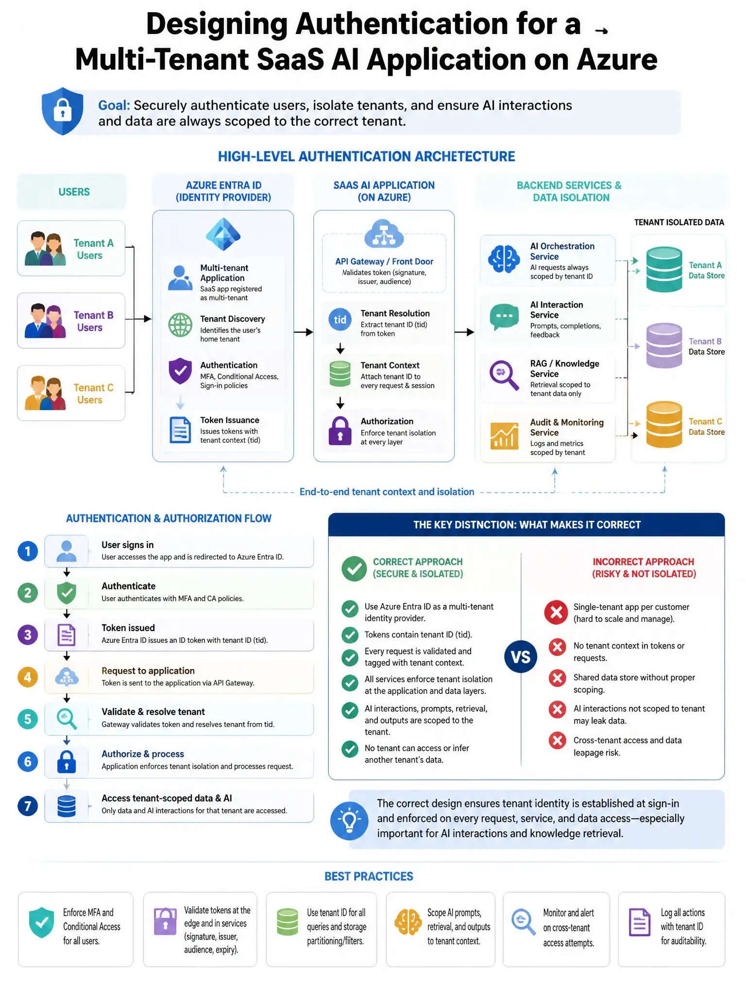 Portrait educational infographic teaching: A security engineer is designing the authentication architecture for a multi-tenant SaaS AI application built on Azure. Each customer tenant must be isolated and their AI interacti. Show labeled components, decision flow, and the key distinction that makes the correct answer correct. Clean modern diagram style.