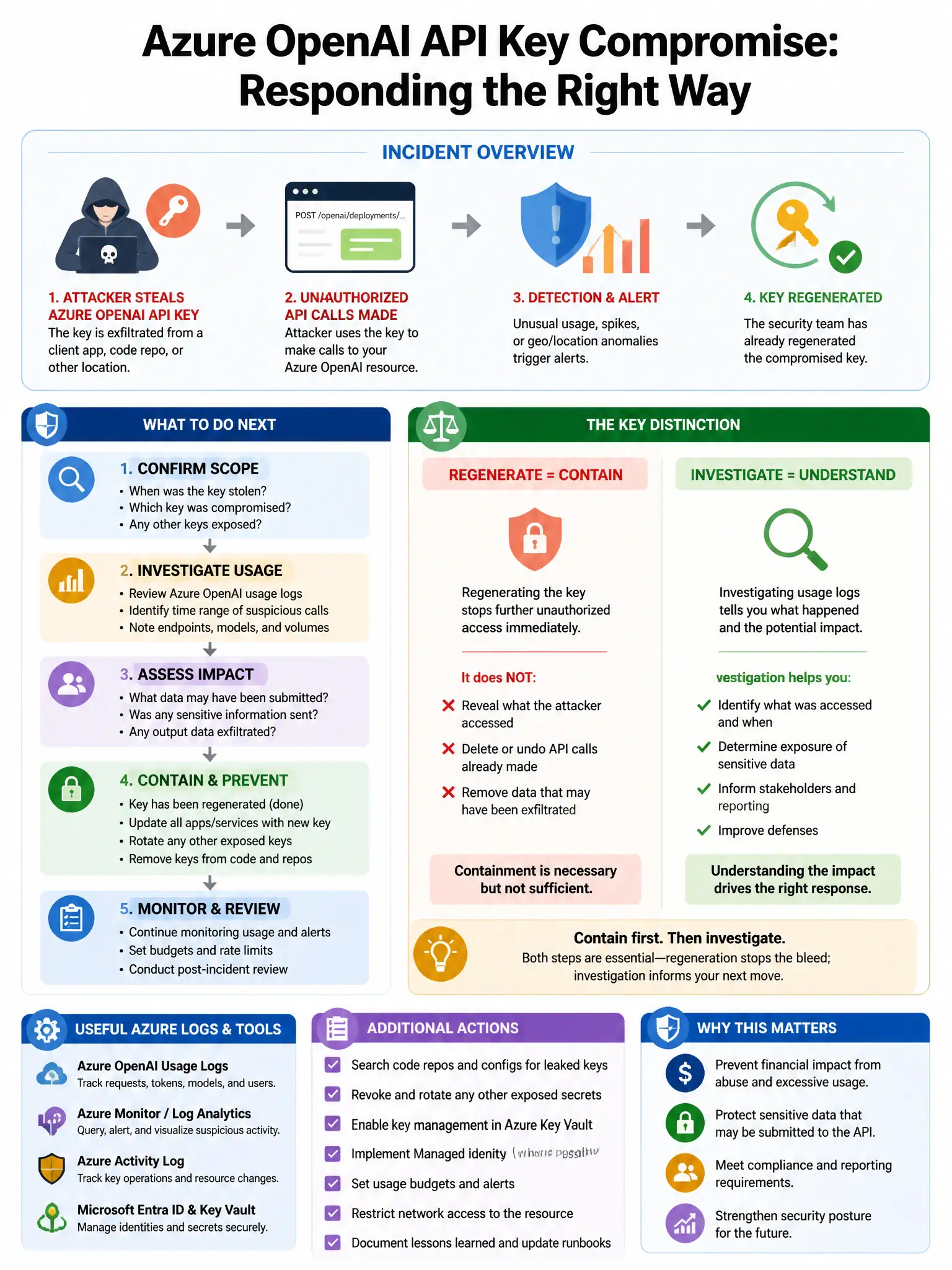 Portrait educational infographic teaching: A security team is responding to an incident where an attacker has stolen an Azure OpenAI API key and is making unauthorized API calls. The team has already regenerated the key. Ho. Show labeled components, decision flow, and the key distinction that makes the correct answer correct. Clean modern diagram style.