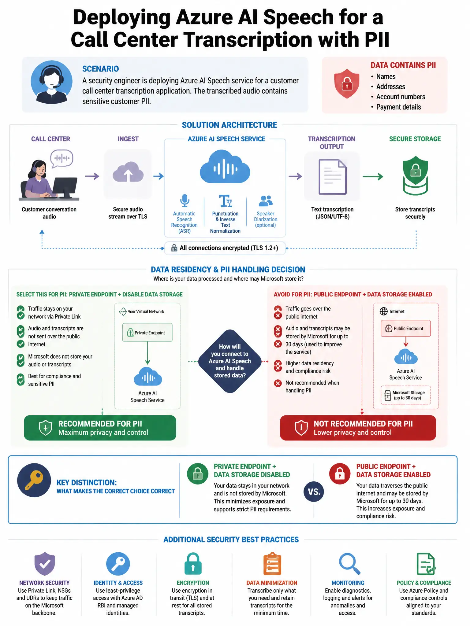 Portrait educational infographic teaching: A security engineer is deploying Azure AI Speech service for a customer call center transcription application. The transcribed audio contains sensitive customer PII. The security t. Show labeled components, decision flow, and the key distinction that makes the correct answer correct. Clean modern diagram style.