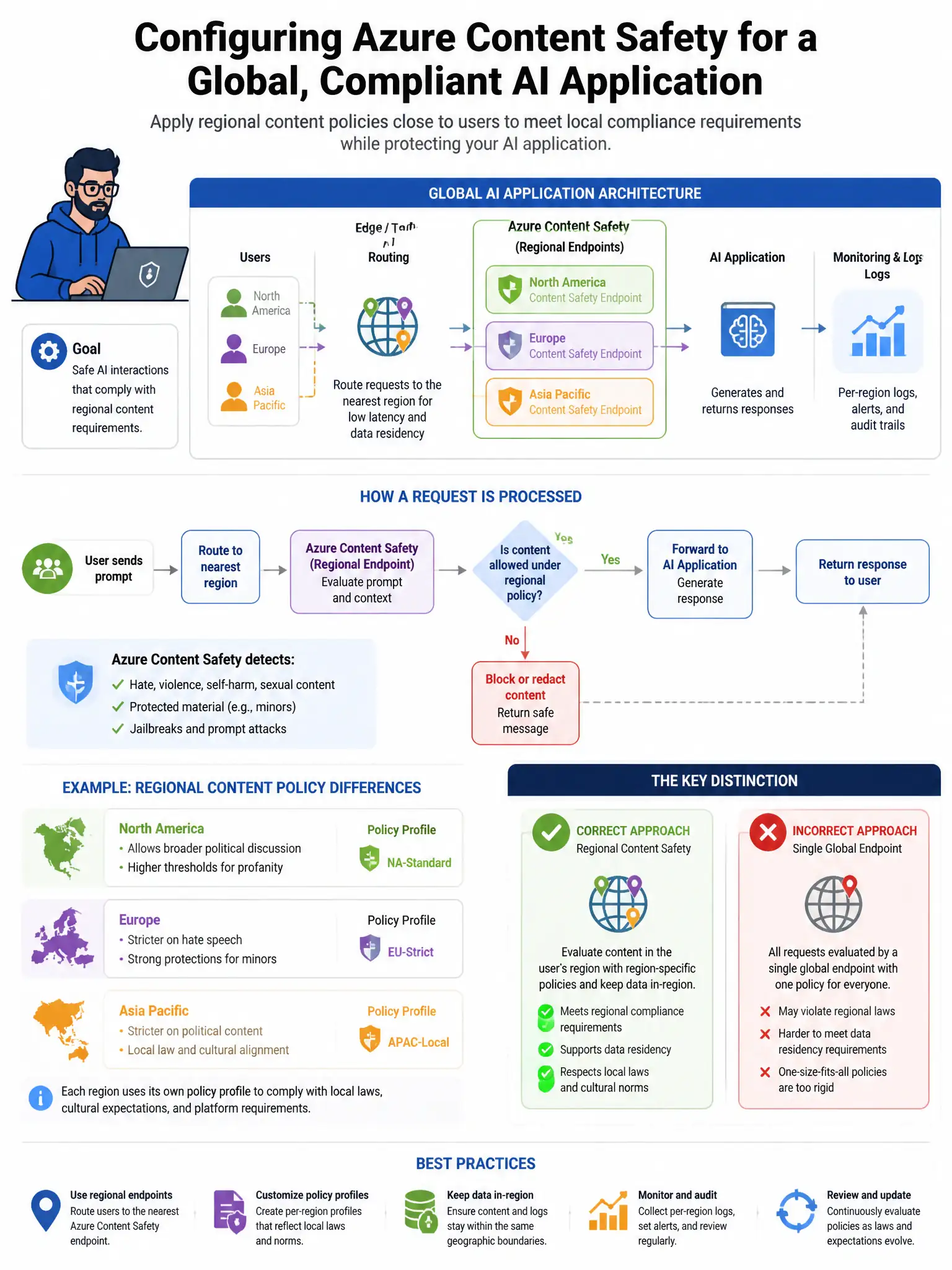 Portrait educational infographic teaching: A security engineer is configuring Azure Content Safety for a customer-facing AI application. The application serves users in multiple regions and must comply with regional content. Show labeled components, decision flow, and the key distinction that makes the correct answer correct. Clean modern diagram style.