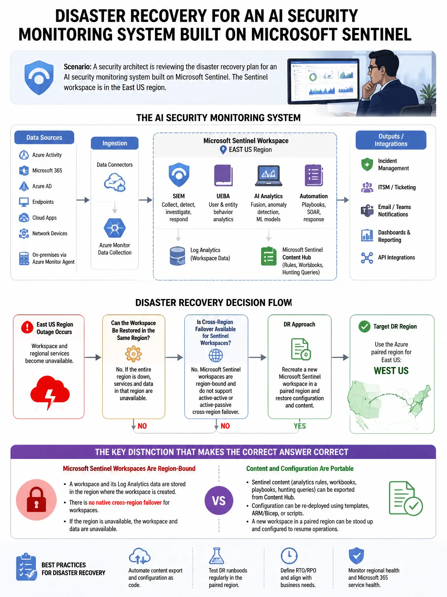 Portrait educational infographic teaching: A security architect is reviewing the disaster recovery plan for an AI security monitoring system built on Microsoft Sentinel. The Sentinel workspace is in the East US region. If E. Show labeled components, decision flow, and the key distinction that makes the correct answer correct. Clean modern diagram style.