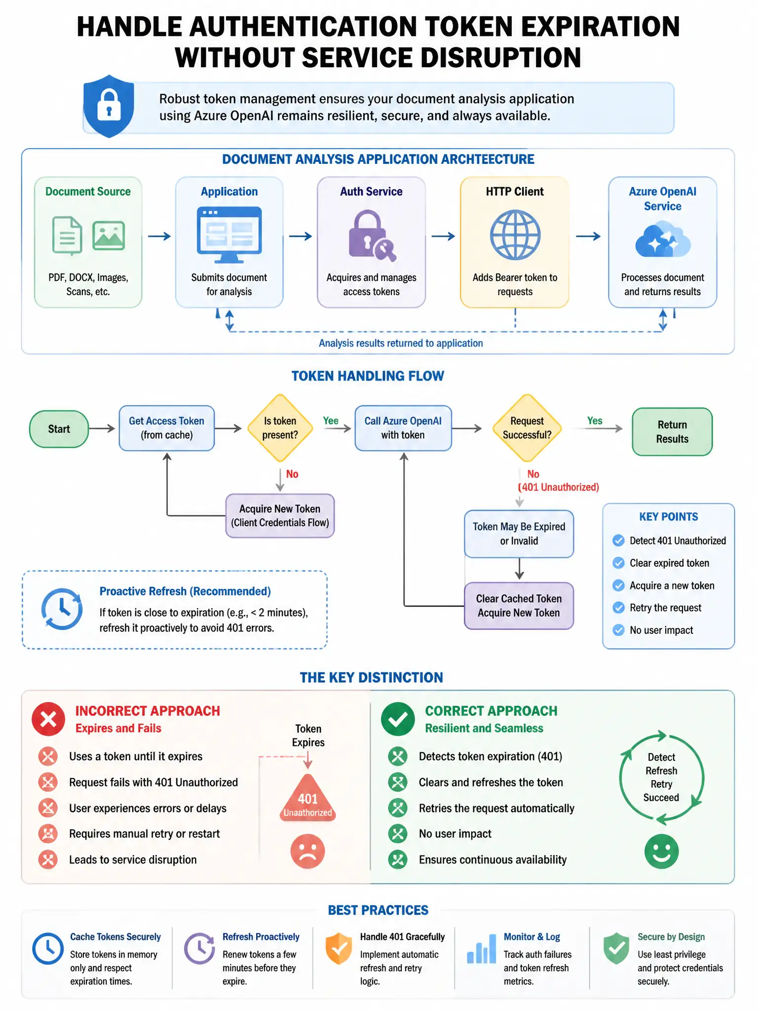 Portrait educational infographic teaching: A security engineer at a company using Azure OpenAI for document analysis needs to ensure that the application properly handles authentication token expiration without service disr. Show labeled components, decision flow, and the key distinction that makes the correct answer correct. Clean modern diagram style.