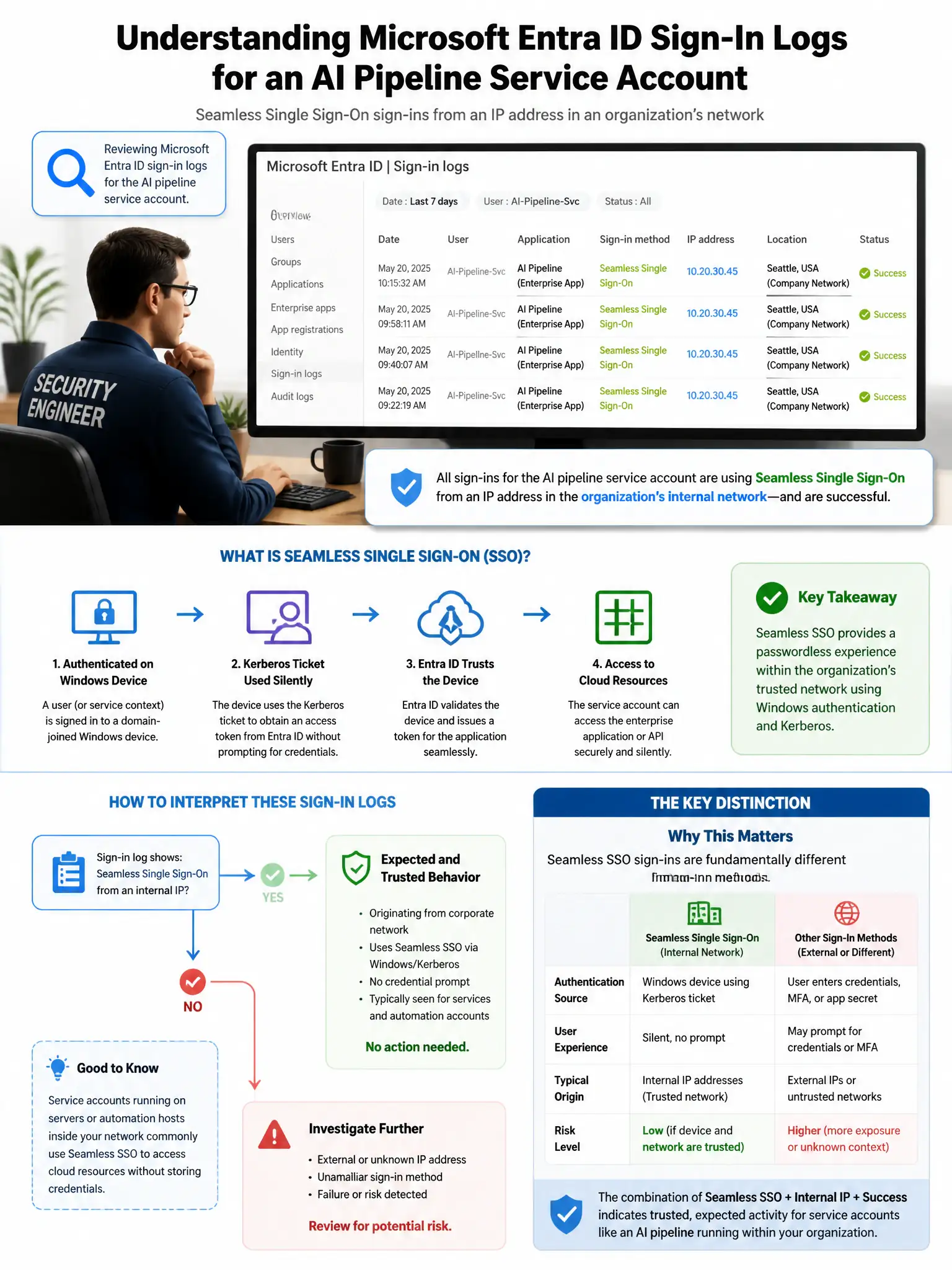 Portrait educational infographic teaching: A security engineer is reviewing Microsoft Entra ID sign-in logs for an AI pipeline service account. The logs show sign-ins using 'Seamless Single Sign-On' from an IP address in an. Show labeled components, decision flow, and the key distinction that makes the correct answer correct. Clean modern diagram style.