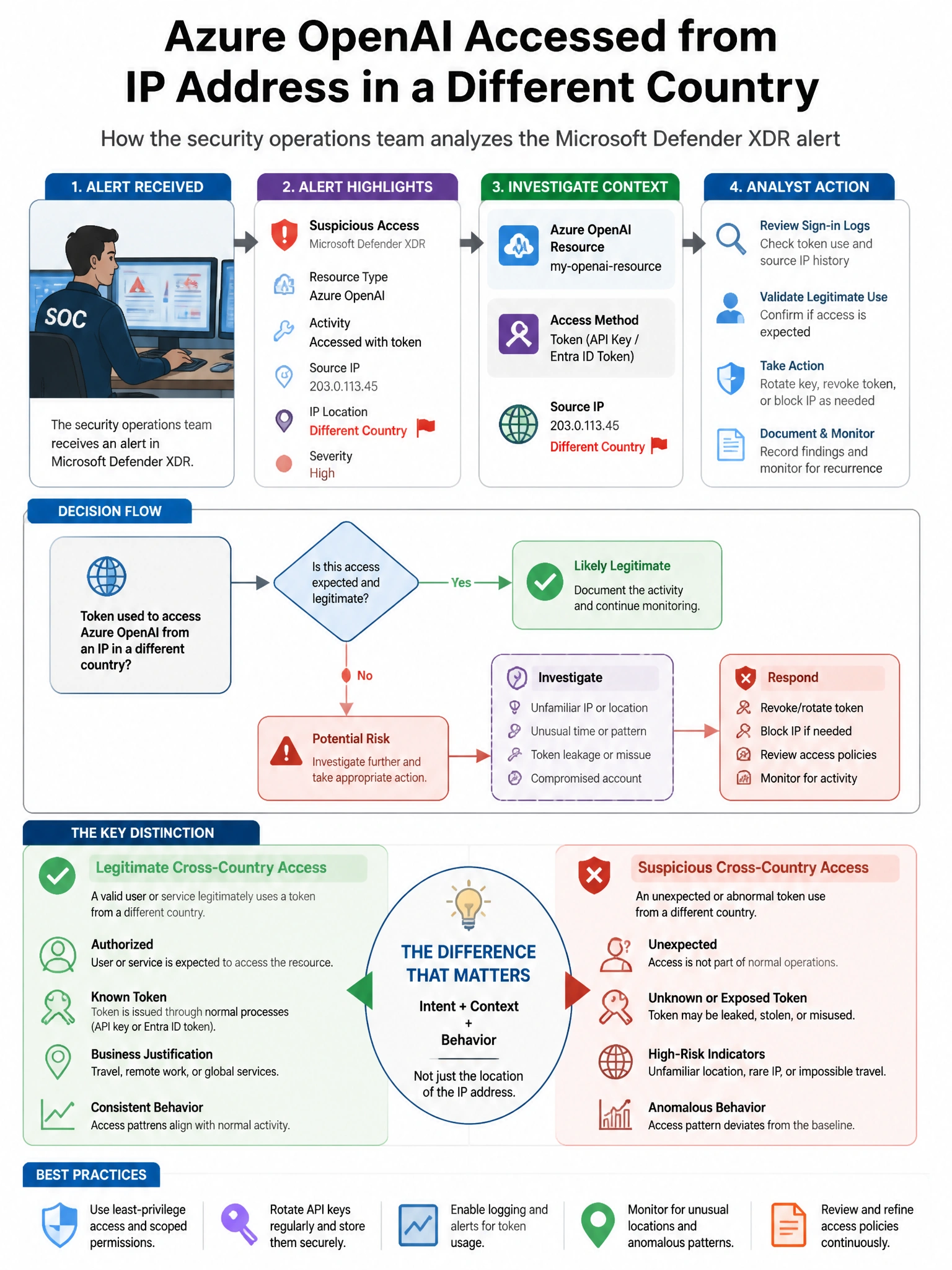 Portrait educational infographic teaching: The security operations team receives a Microsoft Defender XDR alert indicating that an Azure OpenAI resource has been accessed using a token that originated from an IP address in . Show labeled components, decision flow, and the key distinction that makes the correct answer correct. Clean modern diagram style.