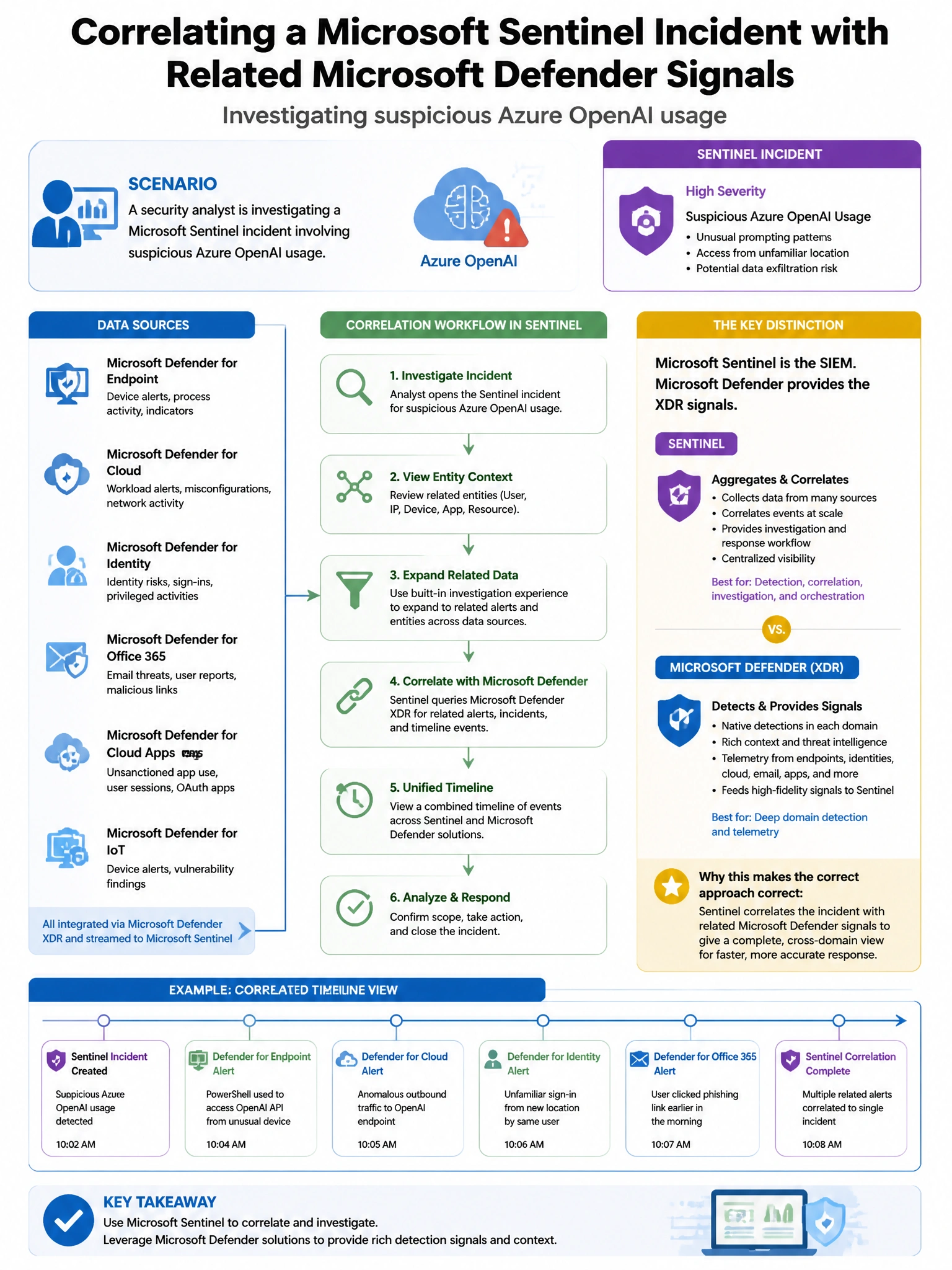 Portrait educational infographic teaching: A security analyst is investigating a Microsoft Sentinel incident involving suspicious Azure OpenAI usage. The analyst wants to correlate this incident with related Microsoft Defen. Show labeled components, decision flow, and the key distinction that makes the correct answer correct. Clean modern diagram style.
