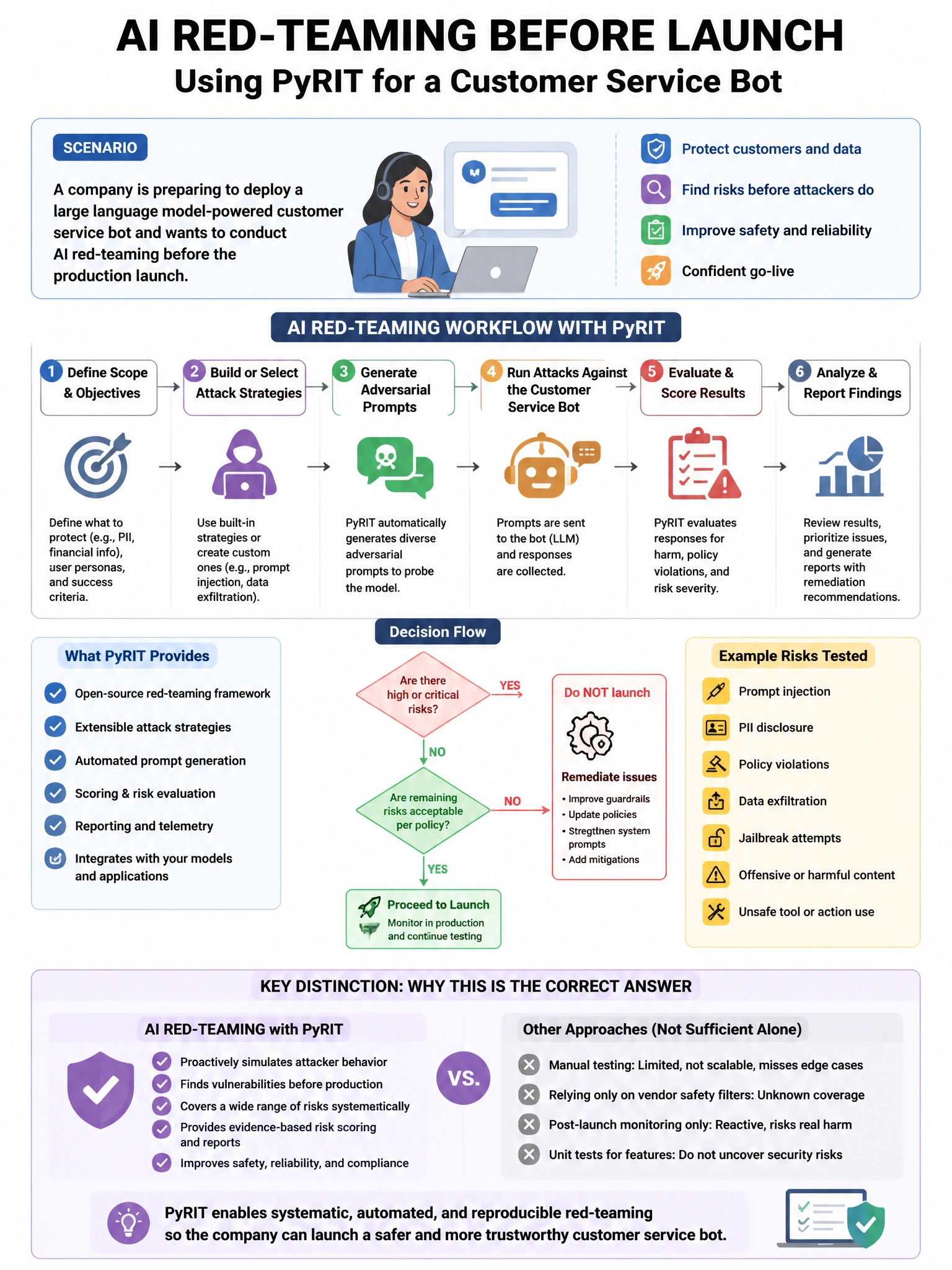 Portrait educational infographic teaching: A company is preparing to deploy a large language model-powered customer service bot and wants to conduct AI red-teaming before production launch. The security team is using PyRIT . Show labeled components, decision flow, and the key distinction that makes the correct answer correct. Clean modern diagram style.