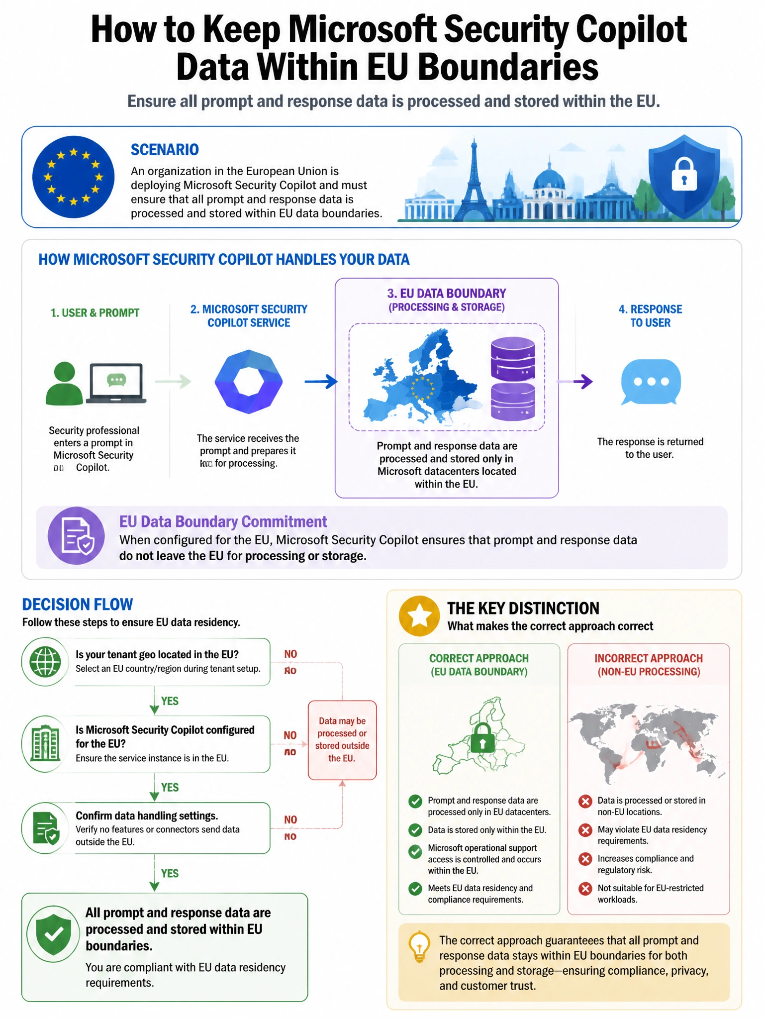 Portrait educational infographic teaching: An organization in the European Union is deploying Microsoft Security Copilot and must ensure that all prompt and response data is processed and stored within EU data boundaries. W. Show labeled components, decision flow, and the key distinction that makes the correct answer correct. Clean modern diagram style.