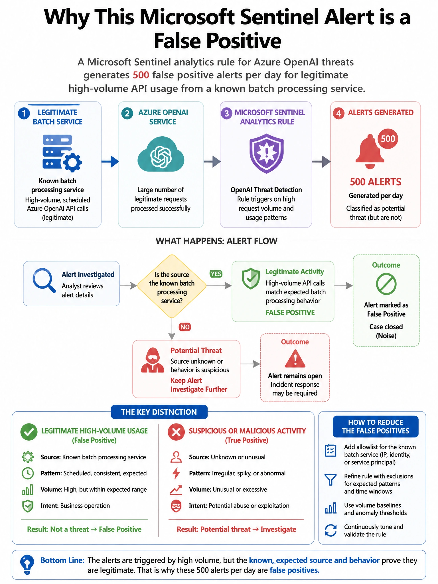 Portrait educational infographic teaching: A Microsoft Sentinel analytics rule for Azure OpenAI threats generates 500 false positive alerts per day for legitimate high-volume API usage from a known batch processing service.. Show labeled components, decision flow, and the key distinction that makes the correct answer correct. Clean modern diagram style.