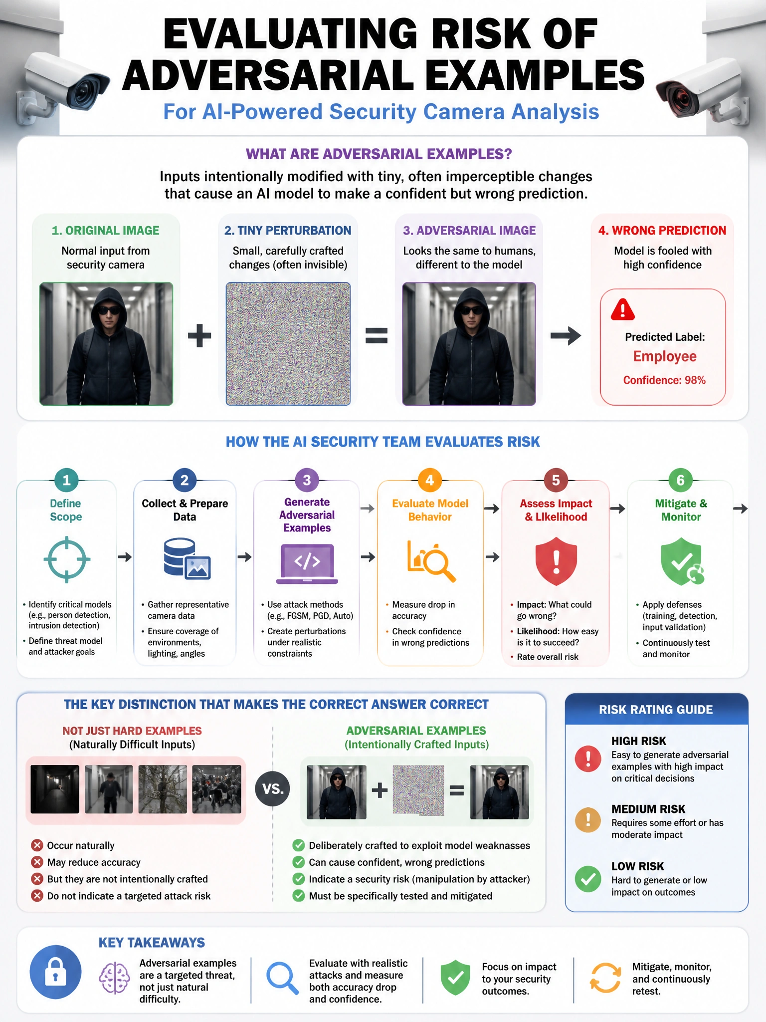 Portrait educational infographic teaching: A company's AI security team is evaluating the risk of adversarial examples—inputs crafted to fool an image classification AI model used for security camera analysis. The team want. Show labeled components, decision flow, and the key distinction that makes the correct answer correct. Clean modern diagram style.