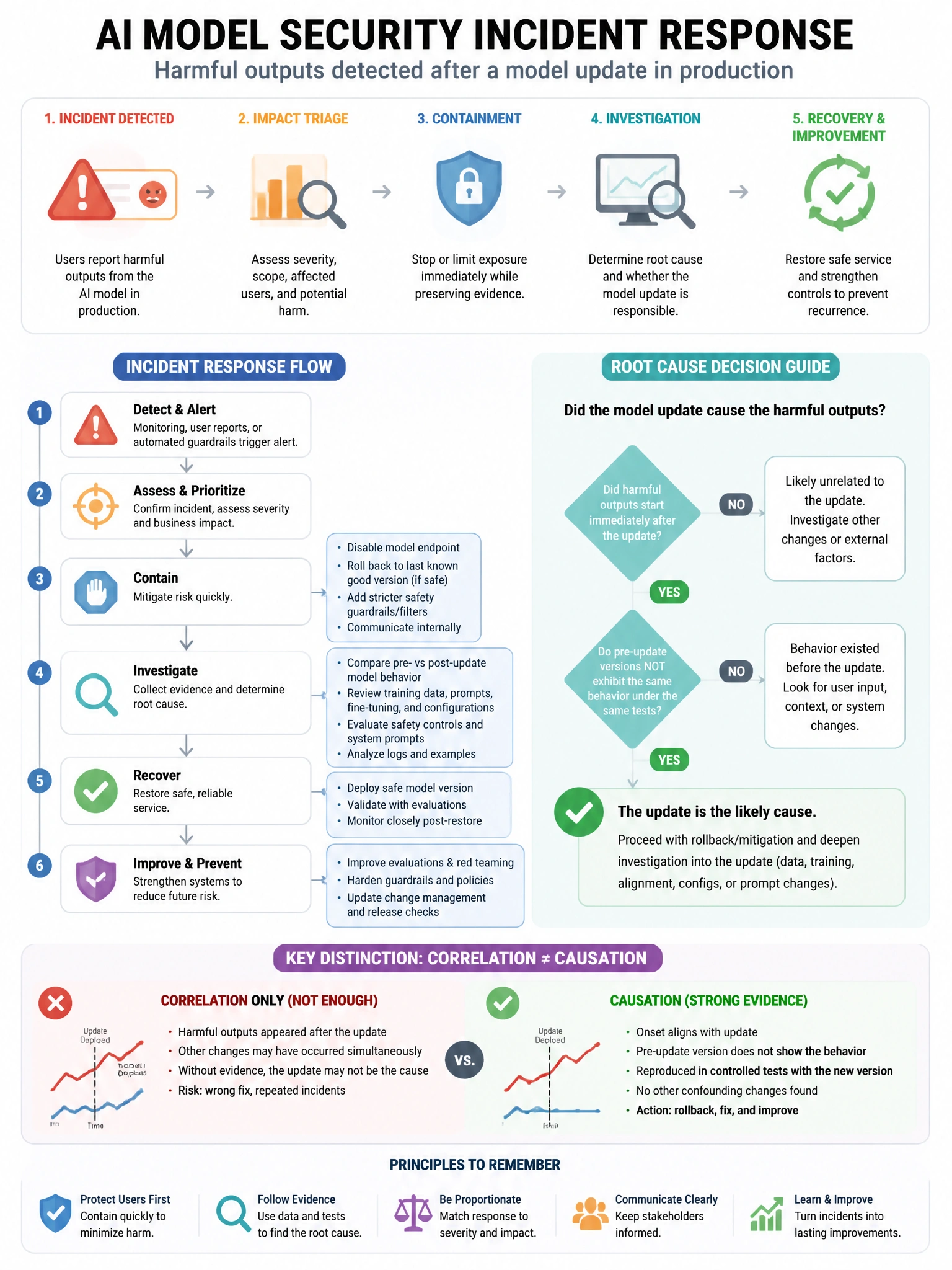 Portrait educational infographic teaching: A company has experienced a security incident where an AI model in production was found to be generating harmful outputs after what appears to be a model update. The incident respo. Show labeled components, decision flow, and the key distinction that makes the correct answer correct. Clean modern diagram style.