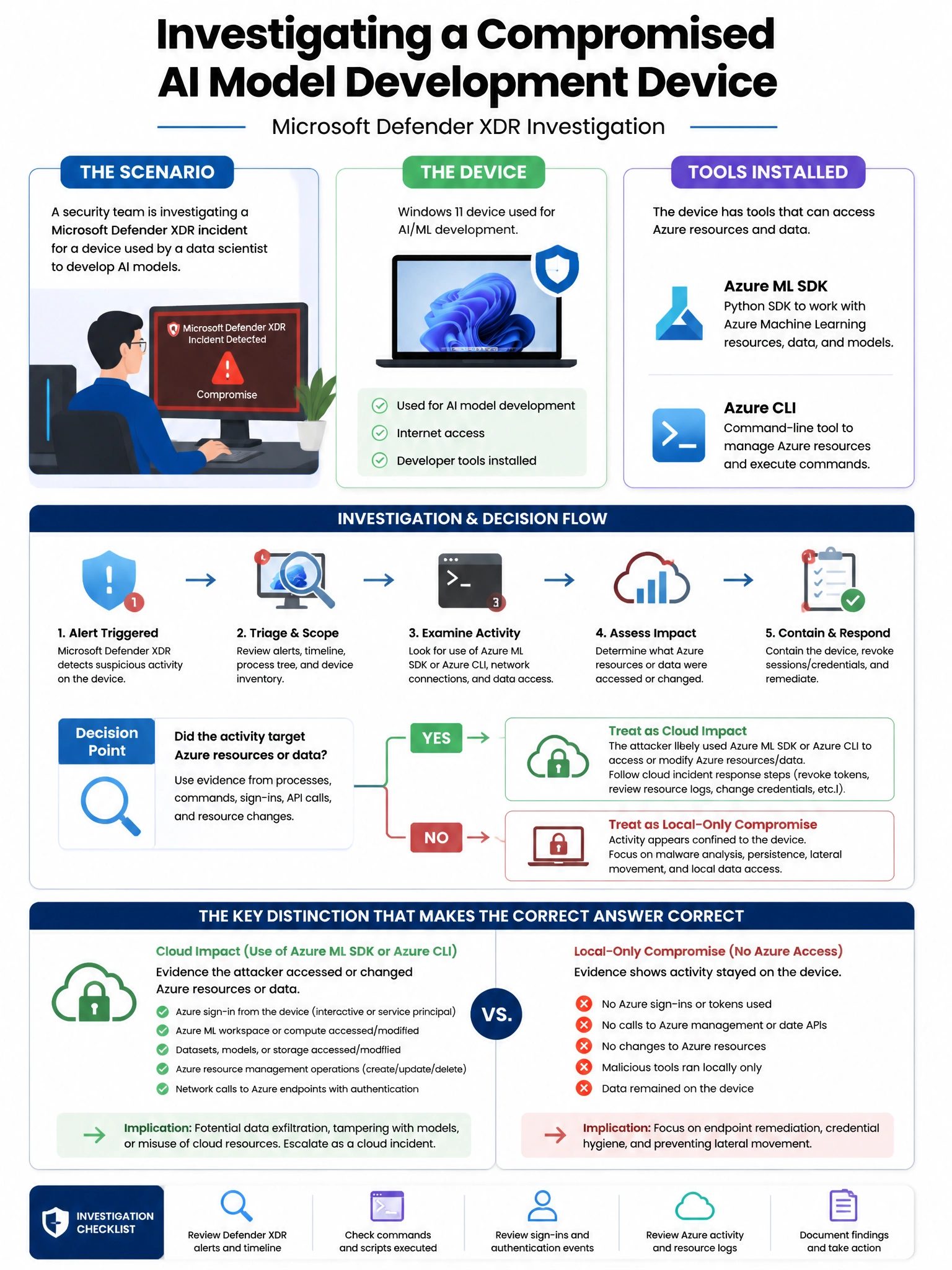 Portrait educational infographic teaching: A security team is investigating a Microsoft Defender XDR incident where a device used for AI model development shows signs of compromise. The device has Azure ML SDK and Azure CLI. Show labeled components, decision flow, and the key distinction that makes the correct answer correct. Clean modern diagram style.
